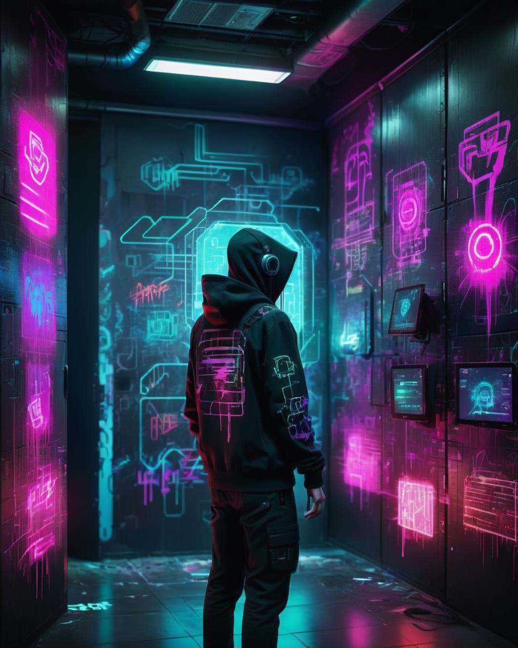Virtual graffiti,  hackers leaving their mark in cyberspace,  vibrant tags and digital art adorning the virtual walls of c...