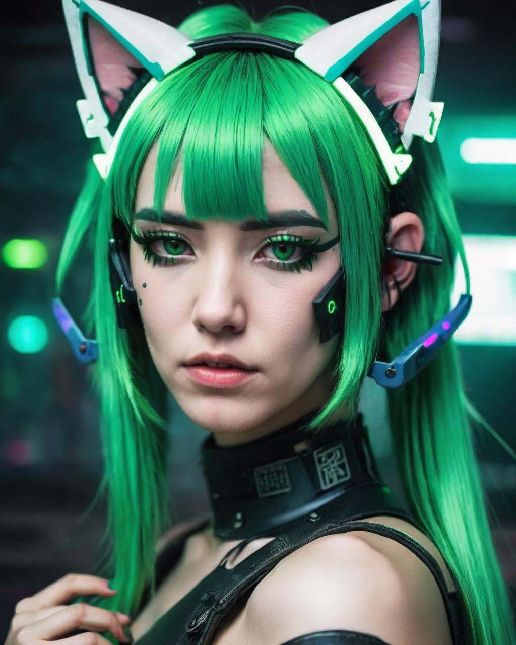 a woman with green hair and cat ears ,  cyberpunk style on Tensor.Art