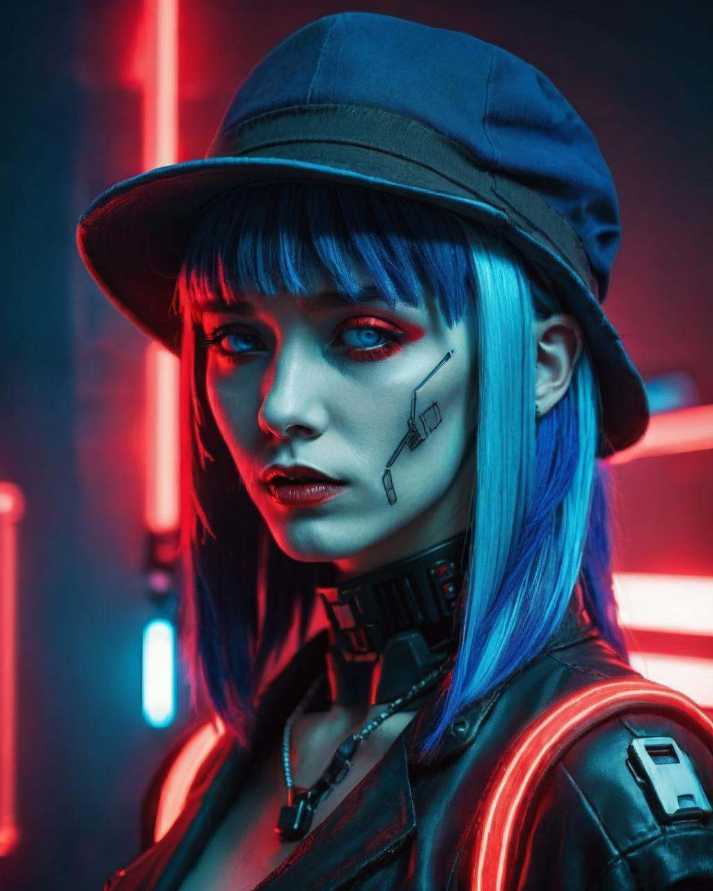 a woman with blue hair and a hat with a red light ,  cyberpunk style on Tensor.Art