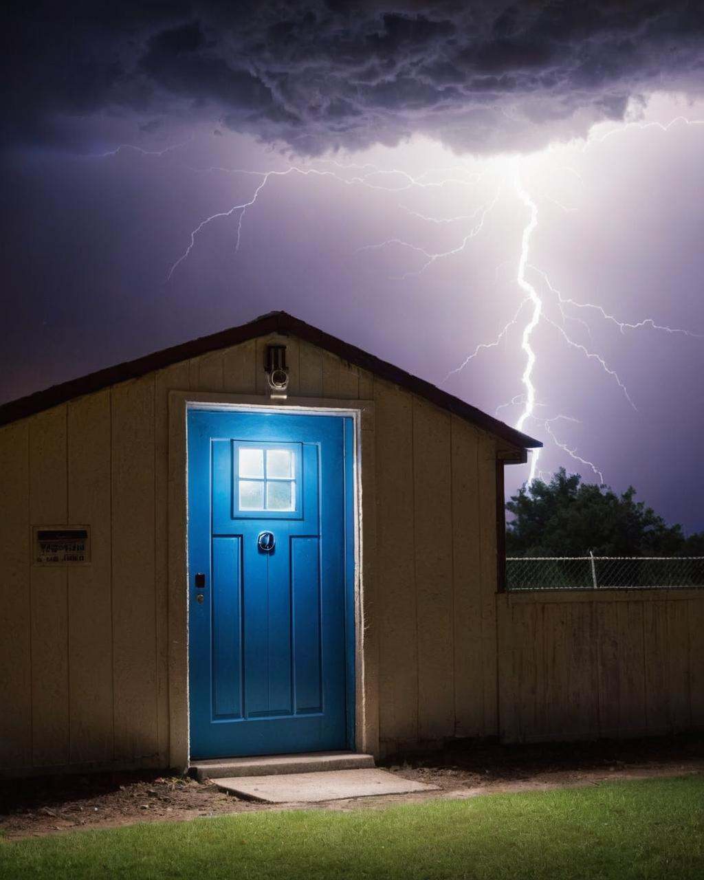 a building with a blue door and a lightning bolt in the background ,  outdoors,  sky on Tensor.Art