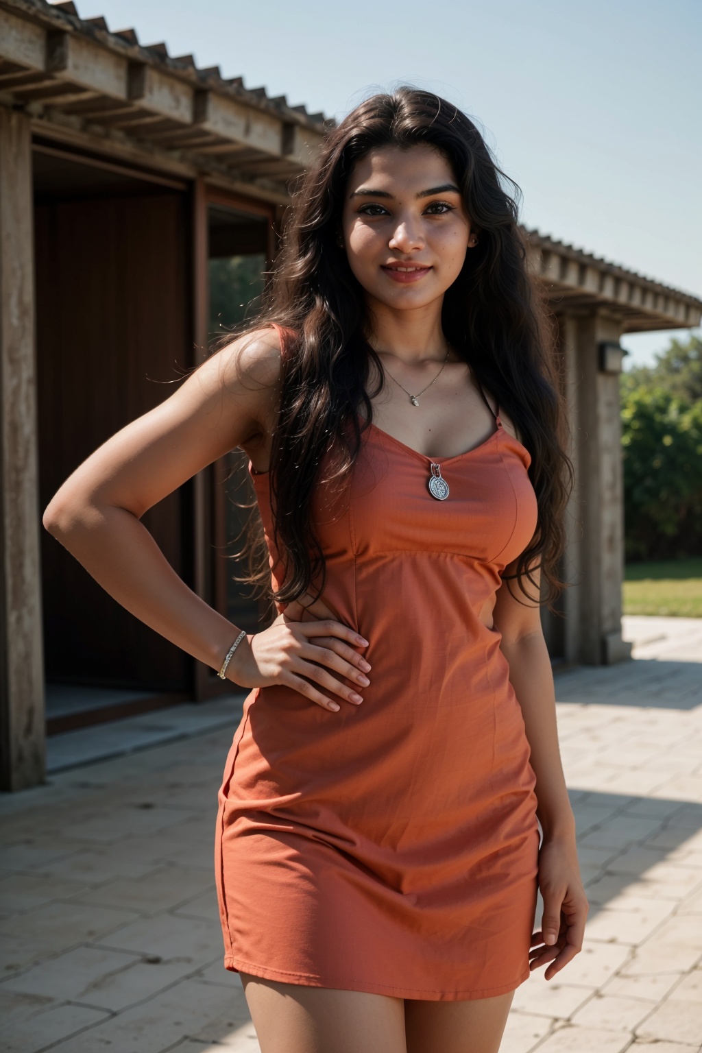 1girl, long hair, smile, brown hair, black hair, 27 years old women, plump dress, outdoors, solo focus, day, beach, pink dress, hands on hips, watch, wristwatch,photorealistic, 16k resolution,27 year old girl