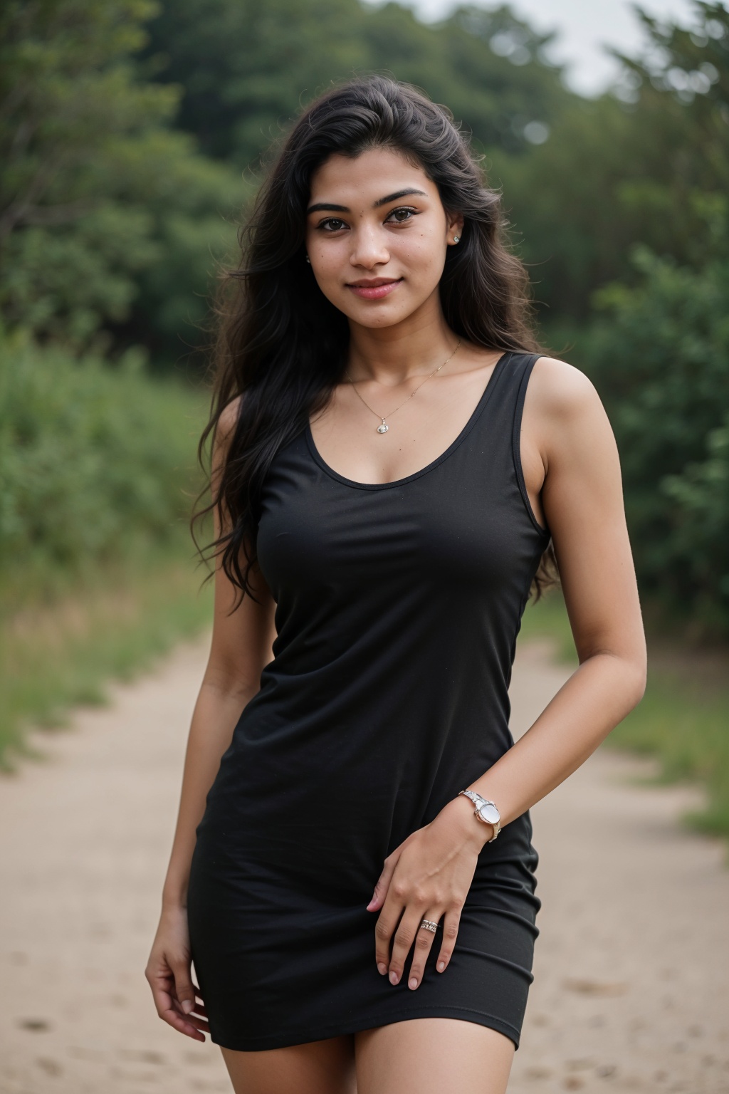 1girl, long hair, smile, brown hair, black hair, 27 years old women, plump dress, outdoors, solo focus, day, beach, pink dress, hands on hips, watch, wristwatch,photorealistic, 16k resolution,27 year old girl