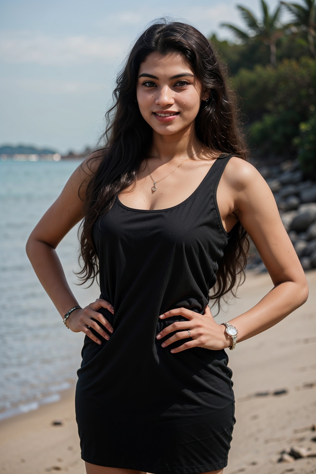 1girl, long hair, smile, brown hair, black hair, 27 years old women, plump dress, outdoors, solo focus, day, beach, pink dress, hands on hips, watch, wristwatch,photorealistic, 16k resolution,27 year old girl