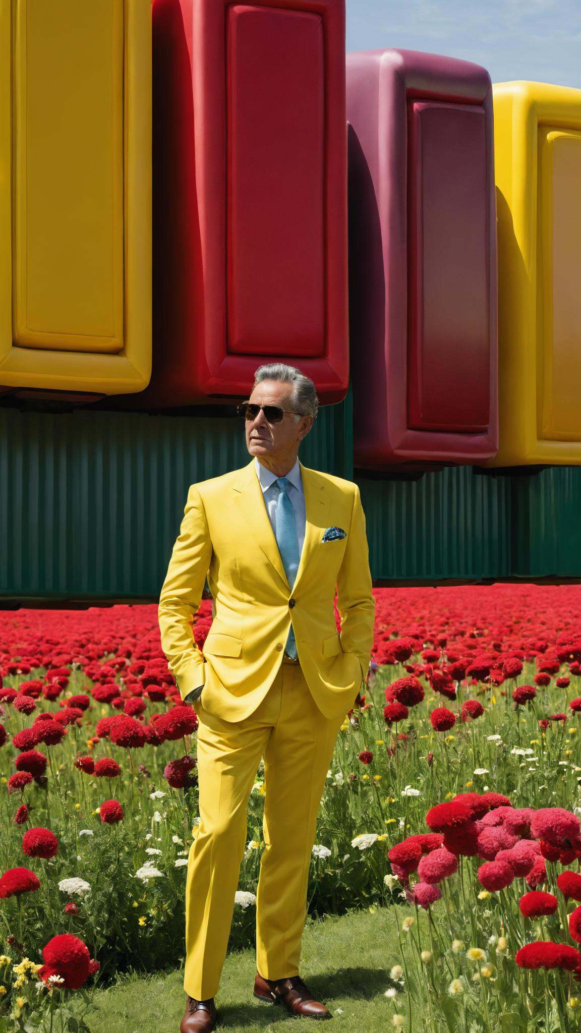 a man in a yellow suit standing in a field of flowers ,  a large room with a lot of red chairs on Tensor.Art