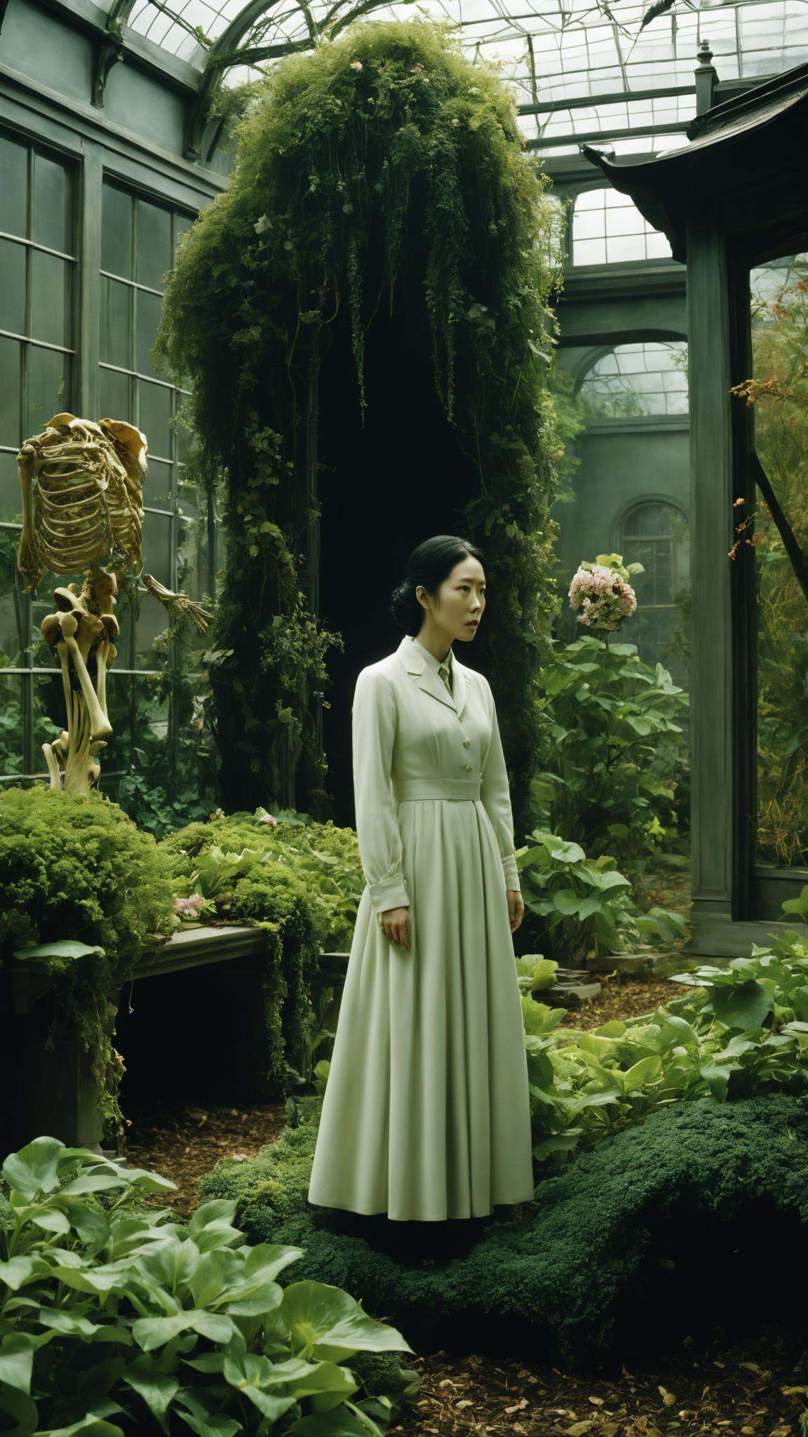 Overgrown botanical garden,  mutated flora intertwined with skeletal remains,  a lone figure seeking a cure. on Tensor.Art