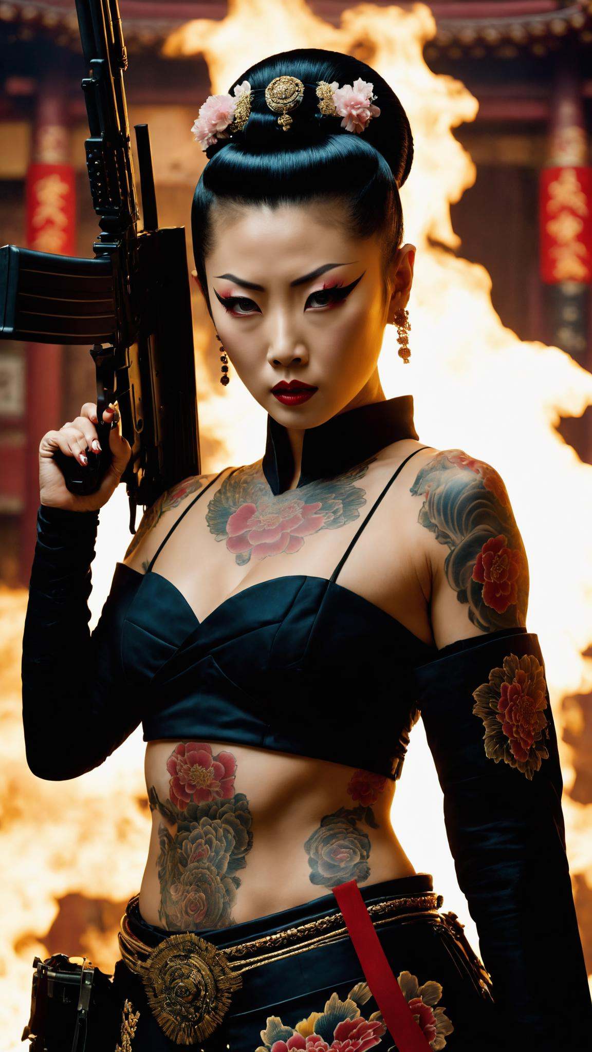 still frame of action movie,  superb dreamlike luxury stunning oiran tattooed girl special forces using a rifle in a fight...