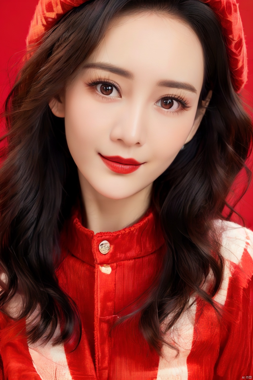  masterpiece, best quality, 1girl, red background, black hair, Long curly hair, face front, ((red fashion silk lone costume with red swirling vortexes pattern)), ((Red Plush Fur Hat)), emotional face, (close up portrait), make up, studio light, studio, ((poakl)), poakl ggll girl