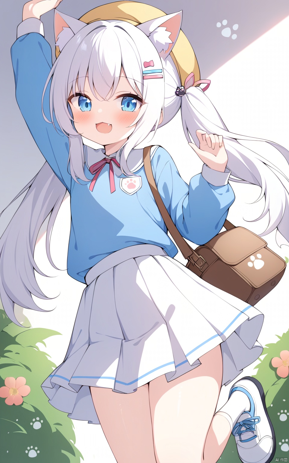  catgirl,loli,cat ears, {depth of field},dynamic angle, 1girl, animal ears, long hair, hat, twintails, hairclip, white hair, shirt, cat ears, solo, blue shirt, skirt, standing on one leg, hair ornament, open mouth, smile, hand to own mouth, bag, blue eyes, kindergarten uniform, animal ear fluff, shoes, thighs, socks, yellow headwear, white skirt, blush, leg up, standing, arms up, white footwear, miniskirt, flower, fang, paw print,cowboy shot,, best quality, amazing quality, very aesthetic, absurdres, best quality, amazing quality, very aesthetic, absurdres, 30710