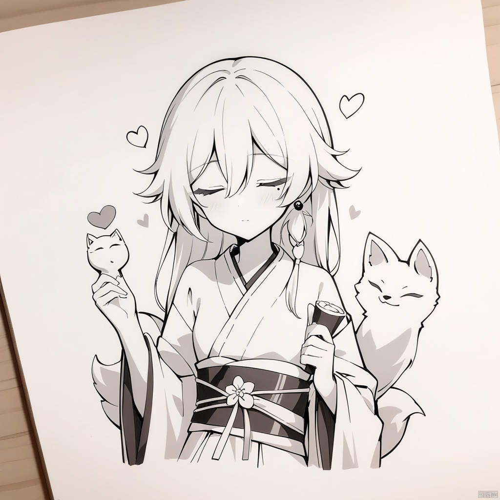  [[fu hua(honkai impact 3rd)]], nai3, 1girl, solo, artstyle,best quality,amazing quality,very aesthetic,absurdres,traditional media,female focus, 
 long sleeves, holding, jewelry, closed mouth, monochrome, closed eyes, heart, earrings, japanese clothes, wide sleeves, mole under eye, animal, sepia, fox, pvc figure