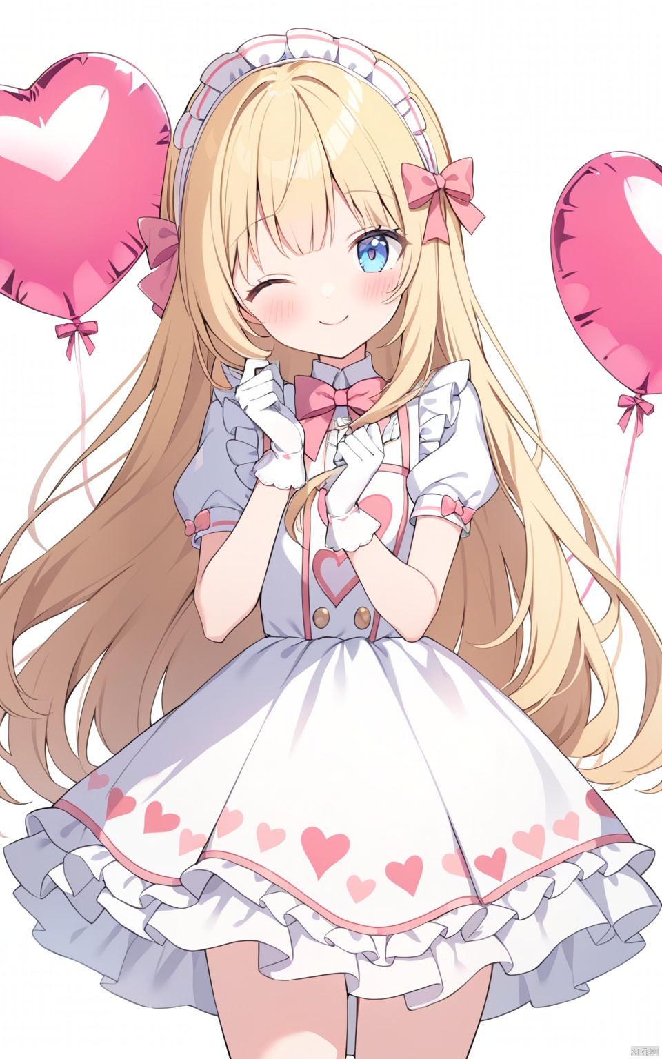  1girl, solo, dress, blonde hair, smile, one eye closed, gloves, long hair, pink bow, white dress, heart balloon, balloon, white gloves, short sleeves, bangs, frills, bow, looking at viewer, blush, heart, hair bow, closed mouth, hairband, frilled dress, white background, bow hairband, puffy sleeves, blue eyes, puffy short sleeves, cowboy shot, white hairband, ;\), simple background, very long hair, heart print, pink bowtie