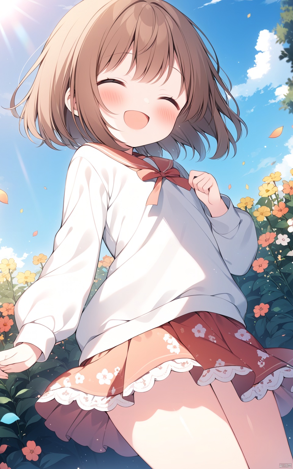  (masterpiece), (best quality), illustration, ultra detailed, hdr, Depth of field, (colorful), loli, artist WERI, loli,1girl, closed eyes, brown hair, solo, short hair, skirt, open mouth, smile, dutch angle, outdoors, shirt, flower, ^_^, long sleeves, floral print