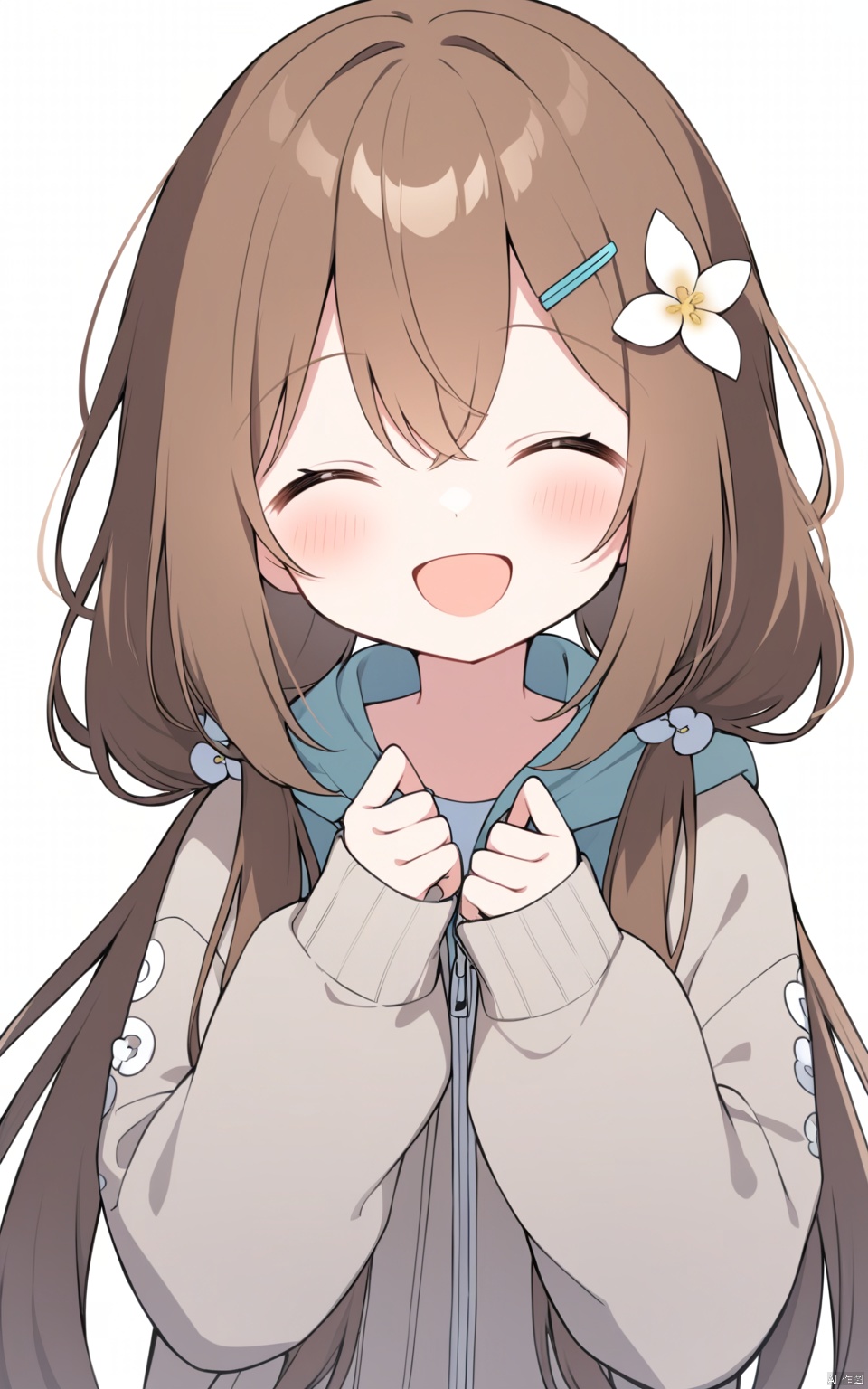  solo, hair ornament, 1girl, hair flower, closed eyes, flower, white background, white flower, smile, jacket, hood down, sleeves past wrists, long hair, simple background, facing viewer, bangs, hood, long sleeves, hairclip, blush, puffy long sleeves, virtual youtuber, ^_^, nail polish, :d, upper body, twintails, open mouth, hair between eyes, hooded jacket, brown hair, very long hair, low twintails, shirt