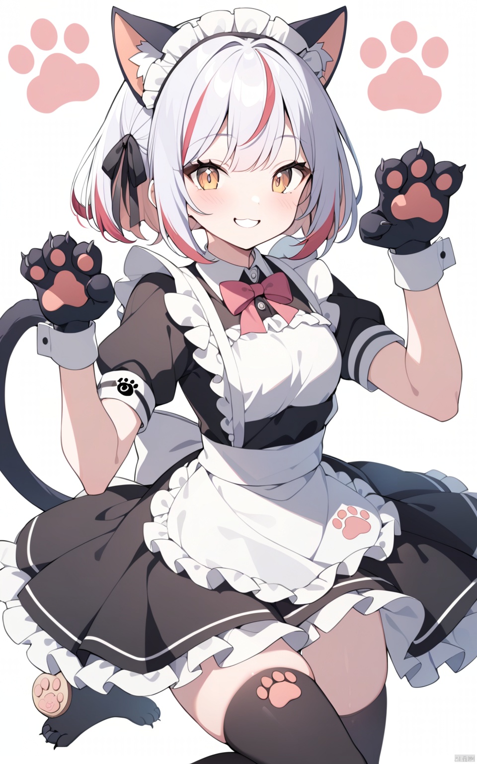  1girl, multiple colored hairs, maid, black cat tail, smile, black thighhigh, paw posing, paw, paw stamps, paw stamps, paw stamps
