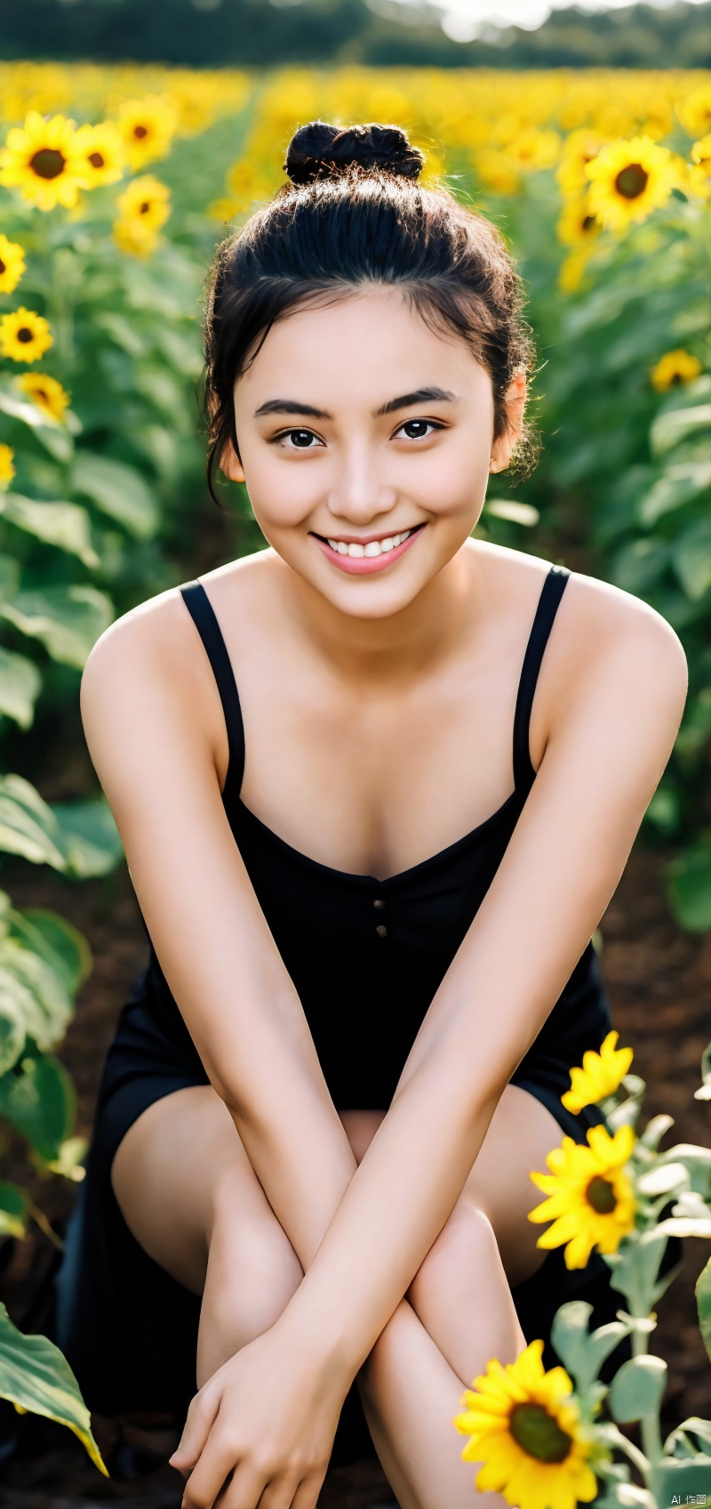  (masterpiece:1.2),(best quality:1.2),(high resolution:1.2)
 
CyberPanam, 1girl, solo, black hair, brown eyes, single hair bun, sitting in a sunflower field, smiling, sunlight