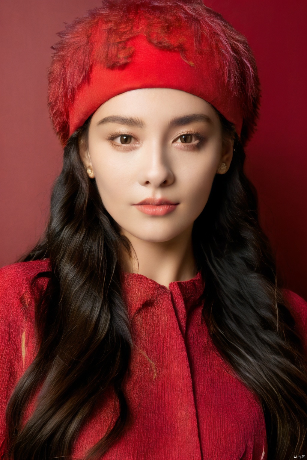  masterpiece, best quality, 1girl, red background, black hair, Long curly hair, face front, ((red fashion silk lone costume with red swirling vortexes pattern)), ((Red Plush Fur Hat)), emotional face, (close up portrait), make up, studio light, studio, ((poakl)), poakl ggll girl