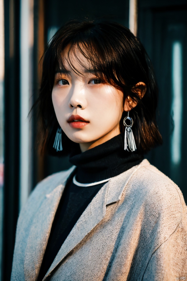 young asian woman, mid-length dark hair, bob haircut, subtle makeup, natural look, pensive expression, side glance, white turtleneck, oversized black jacket, simple silver hoop earring,best quality,masterpiece,