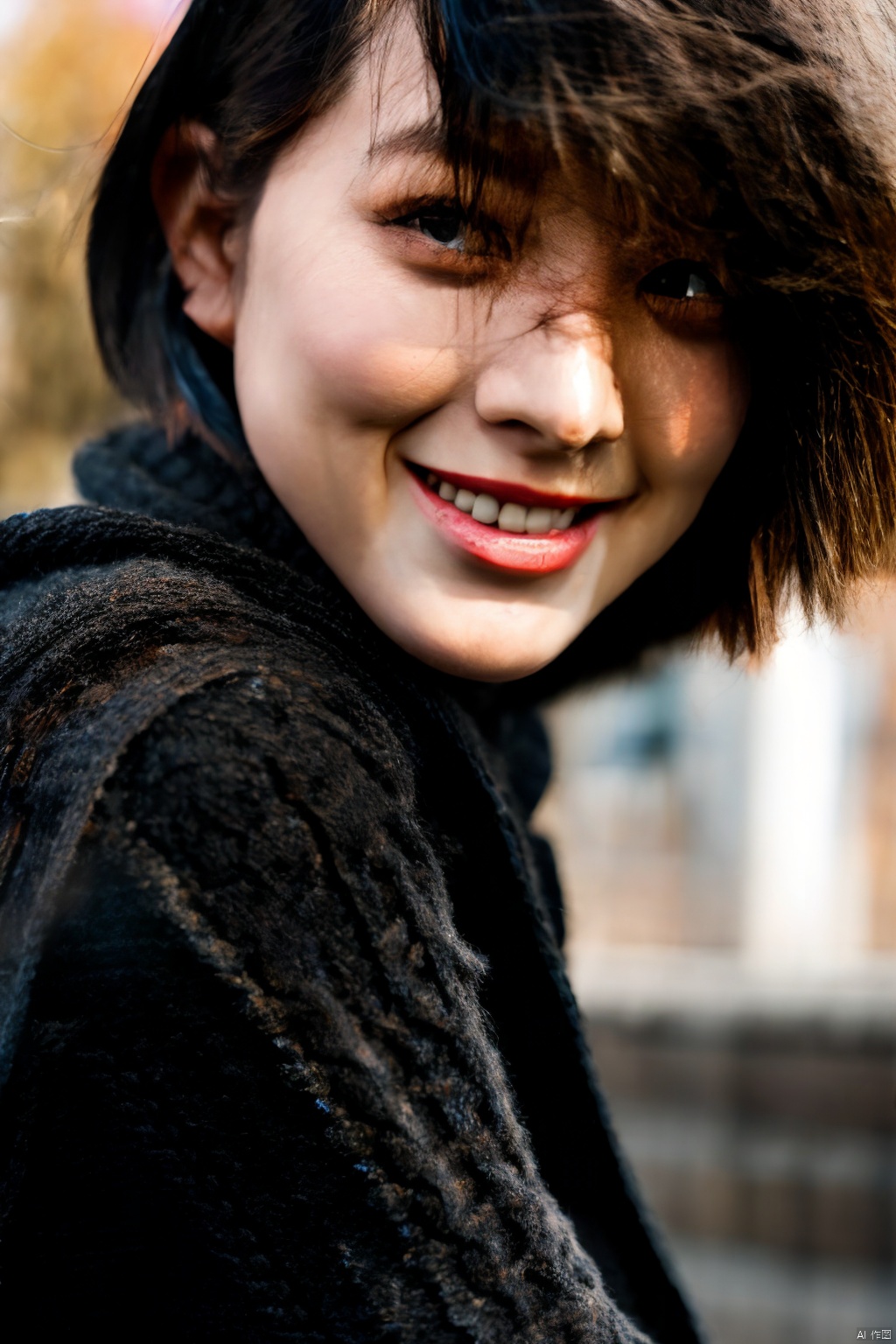  close-up,beautiful face, masterpiece, best quality, 1girl, shiny skin, cinematic lighting, medium breasts, looking at viewer, messy hair, blonde hair, yellow eyes, solo, autumn, outdoors, smile, blush, windy, black sweater dress, ribbed, knit, turtleneck sweater dress, black pantyhose, walking, city, shopping, dynamic angle, close-up, ultra-detailed, 8k, rtx, ambient occlusion, rim lighting, bustling,
