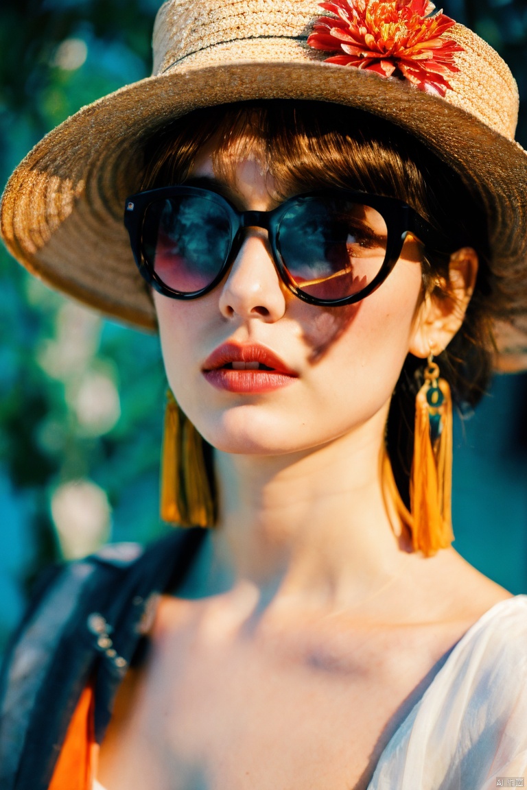  （absurdres, highres, ultra detailed, 1girl, solo, extremely detailed eyes, starfish, seashell, shell, flower, hat, hair ornament, jewelry, straw hat, looking at viewer, sunglasses, hat flower, drinking straw, hairclip, earrings, red flower, tinted eyewear, yellow flower, bangs, english text, multicolored hair, orange flower, black hair, ring, cup, long hair, orange-tinted eyewear, food, brown hair, portrait, shell hair ornament）,full body., ((poakl)), poakl ggll girl, Light master, Wuqiii