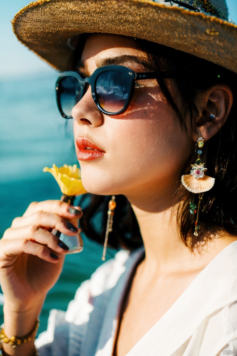  （absurdres, highres, ultra detailed, 1girl, solo, extremely detailed eyes, starfish, seashell, shell, flower, hat, hair ornament, jewelry, straw hat, looking at viewer, sunglasses, hat flower, drinking straw, hairclip, earrings, red flower, tinted eyewear, yellow flower, bangs, english text, multicolored hair, orange flower, black hair, ring, cup, long hair, orange-tinted eyewear, food, brown hair, portrait, shell hair ornament）,full body., ((poakl)), poakl ggll girl, Light master, Wuqiii