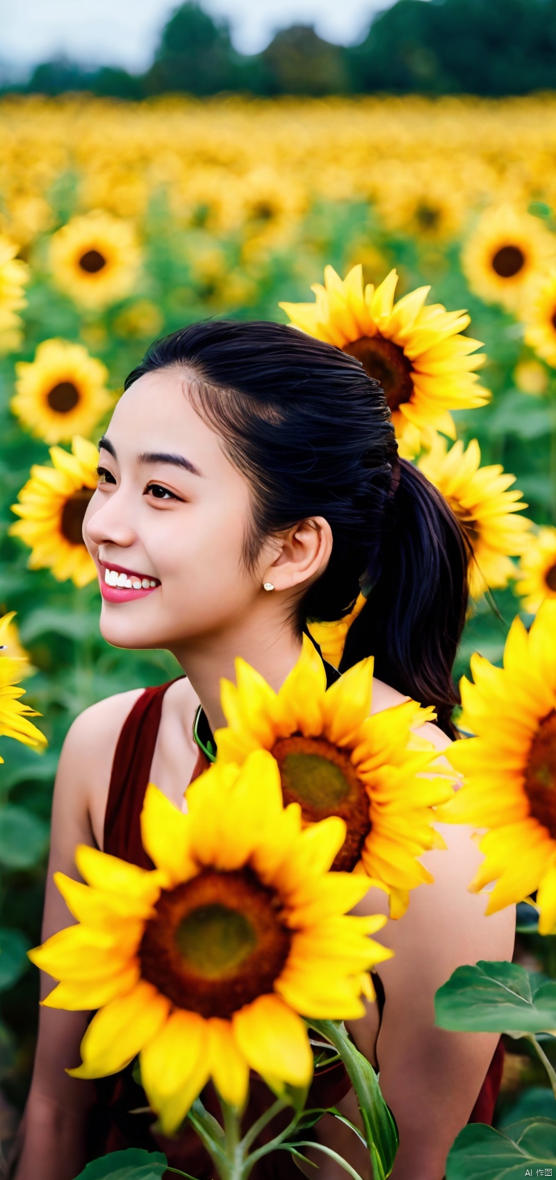  (masterpiece:1.2),(best quality:1.2),(high resolution:1.2)
 
CyberPanam, 1girl, solo, black hair, brown eyes, single hair bun, sitting in a sunflower field, smiling, sunlight