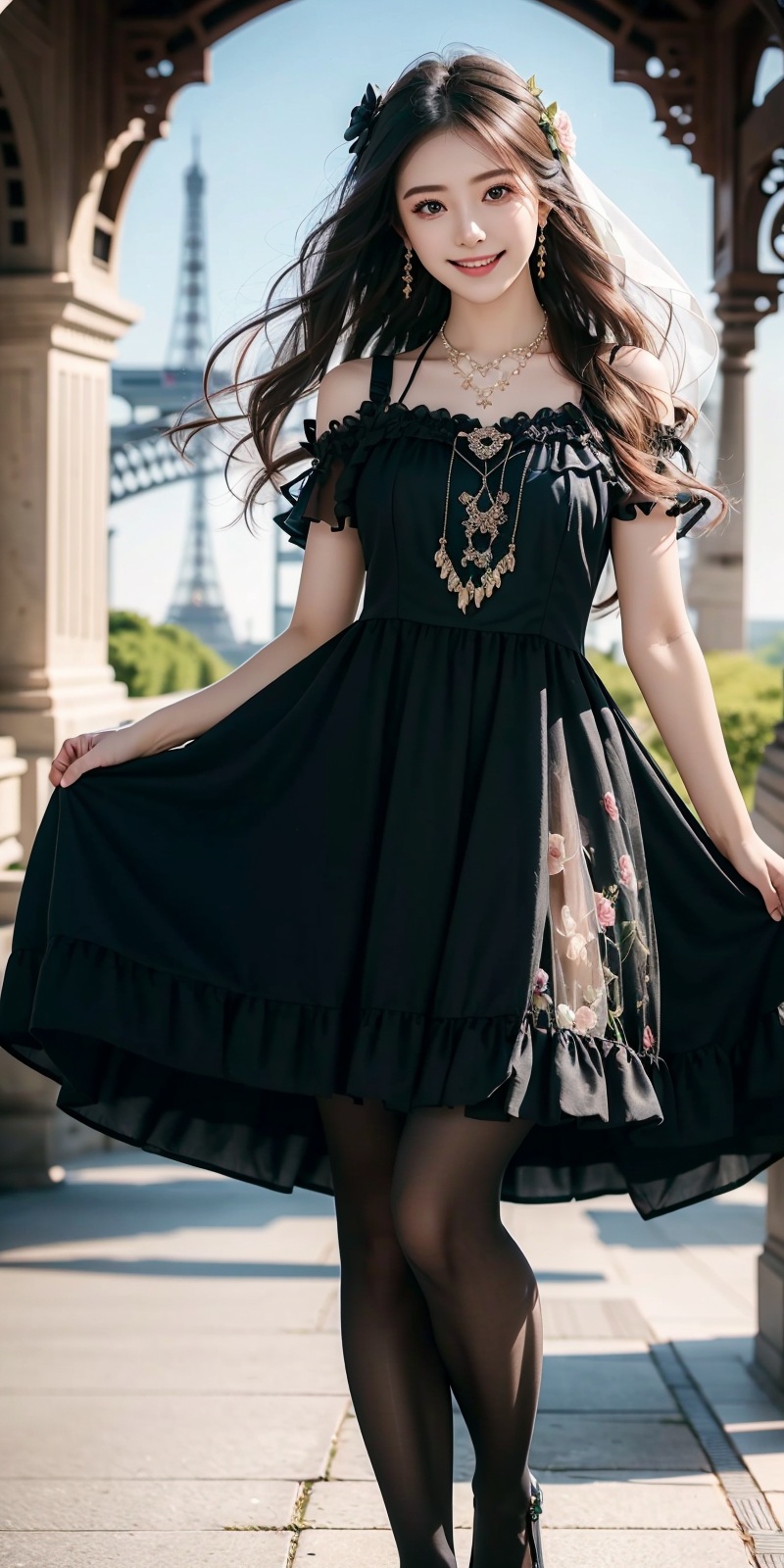 (Good structure), HDR, UHD, 8K, A real person, Highly detailed, best quality, masterpiece, 1girl, realistic, Highly detailed, (EOS R8, 50mm, F1.2, 8K, RAW photo:1.2), ultra realistic 8k, (best illumination, best shadow, extremely delicate and beautiful), (official art, beautiful and aesthetic:1.2), solo, 1girl, , long hair, Wind, flowing hair, kind smile, , pose for picture, , looking_at_viewer, , perfect body,full body, long hair, Wind, flowing hair, kind smile, , pose for picture, , looking_at_viewer, , perfect body,lack pantyhose, , black pantyhose,argylelegwear,argyle,lolidress,1girl,solo,realistic,dress,blue dress,veil,lolita fashion,standing,frills,flower,long hair,hair ornament,earrings,jewelry,necklace,black hair,outdoors,black dress ,Background of the Eiffel Tower,jiajingwen, BY MOONCRYPTOWOW, , 