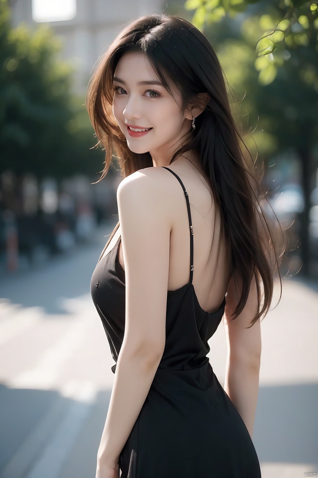  HDR, UHD, 8K, , Highly detailed, best quality, masterpiece, 1girl,Bare teeth,Smile without showing your teeth realistic, Highly detailed, (EOS R8, 50mm, F1.2, 8K, RAW photo:1.2), ultra realistic 8k,cowboy_shot,1girl, solo, dress, blonde hair, jewelry, ring, long hair,bracelet, fashion, black dress, nail polish
