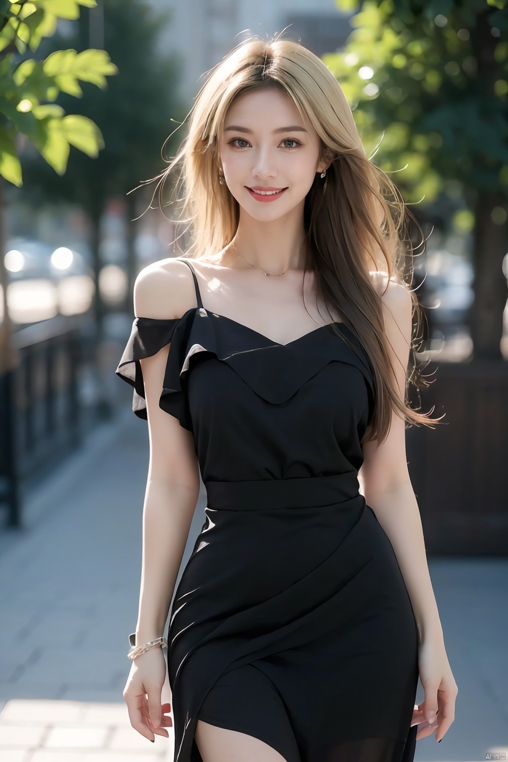  HDR, UHD, 8K, , Highly detailed, best quality, masterpiece, 1girl,Bare teeth,Smile without showing your teeth realistic, Highly detailed, (EOS R8, 50mm, F1.2, 8K, RAW photo:1.2), ultra realistic 8k,cowboy_shot,1girl, solo, dress, blonde hair, jewelry, ring, long hair,bracelet, fashion, black dress, nail polish