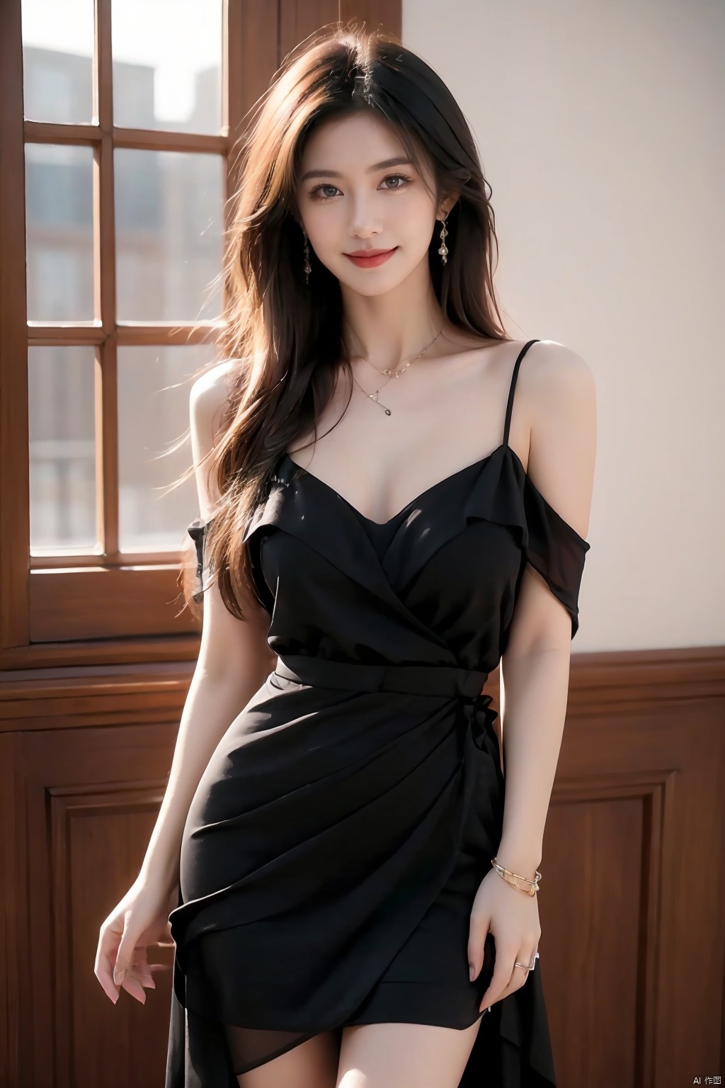  HDR, UHD, 8K, , Highly detailed, best quality, masterpiece, 1girl,Bare teeth,Smile without showing your teeth realistic, Highly detailed, (EOS R8, 50mm, F1.2, 8K, RAW photo:1.2), ultra realistic 8k,cowboy_shot,1girl, solo, dress, blonde hair, jewelry, ring, long hair,bracelet, fashion, black dress, nail polish