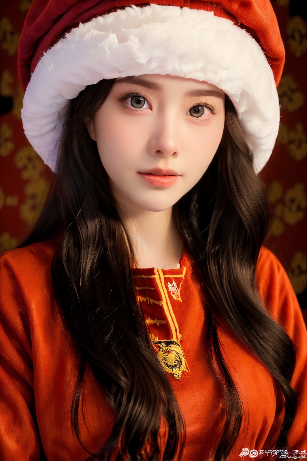  masterpiece, best quality, 1girl, red background, black hair, Long curly hair, face front, ((red fashion silk lone costume with red swirling vortexes pattern)), ((Red Plush Fur Hat)), emotional face, (close up portrait), make up, studio light, studio, ((poakl)), poakl ggll girl