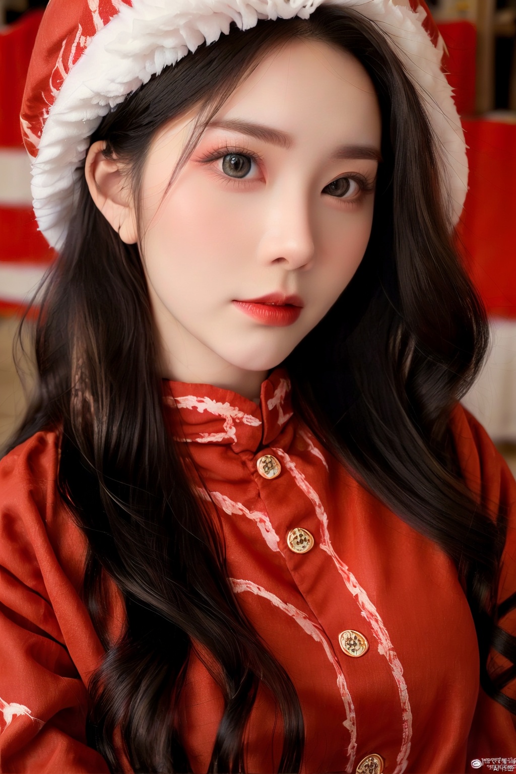  masterpiece, best quality, 1girl, red background, black hair, Long curly hair, face front, ((red fashion silk lone costume with red swirling vortexes pattern)), ((Red Plush Fur Hat)), emotional face, (close up portrait), make up, studio light, studio, ((poakl)), poakl ggll girl