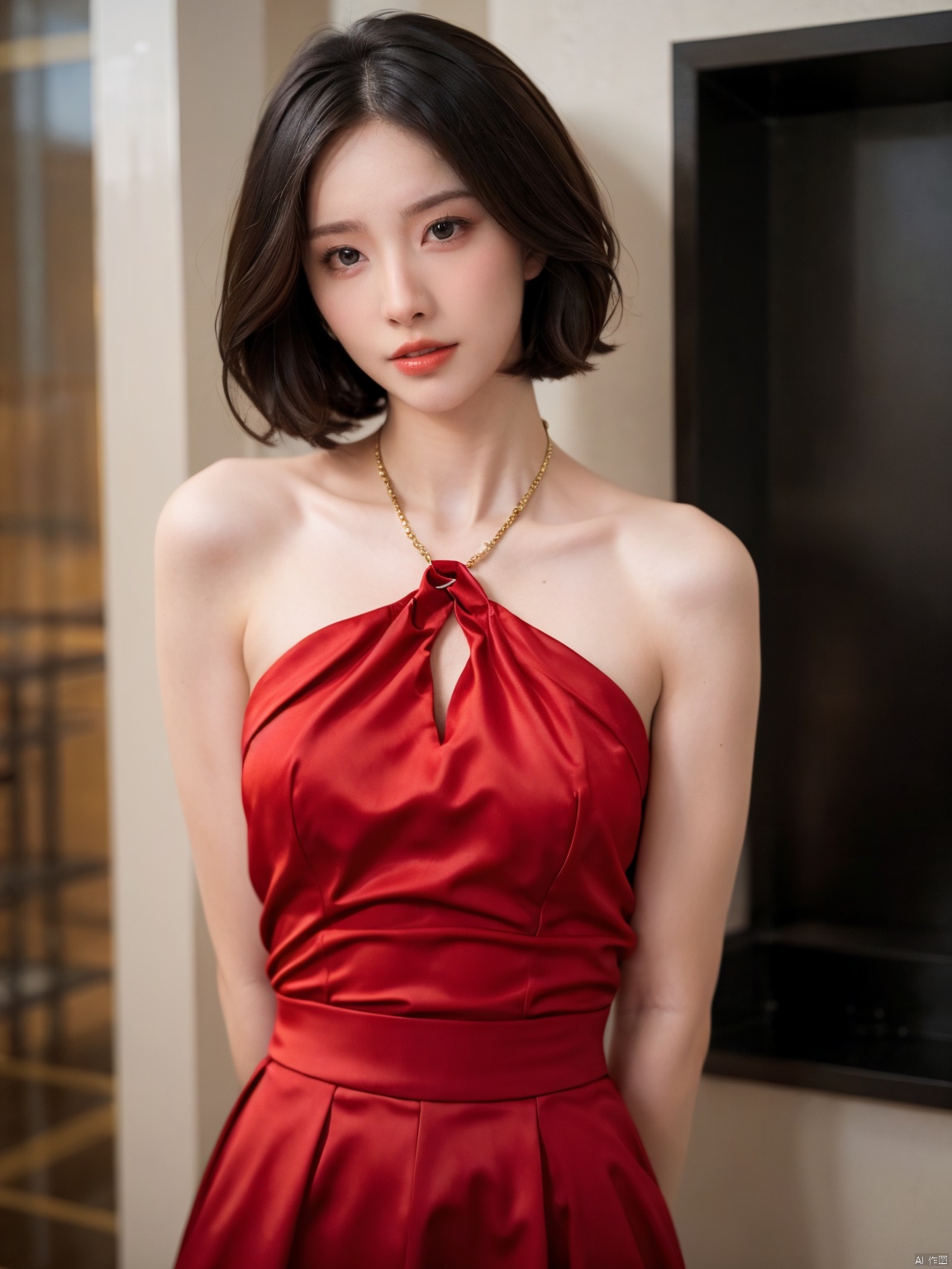  1, 1girl, short hair, brown hair, solo, dress, brown eyes, looking at viewer, holding, red dress, parted lips, bare shoulders, indoors, lips, upper body, sleeveless