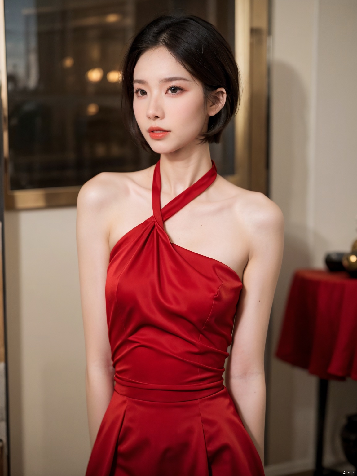  1, 1girl, short hair, brown hair, solo, dress, brown eyes, looking at viewer, holding, red dress, parted lips, bare shoulders, indoors, lips, upper body, sleeveless