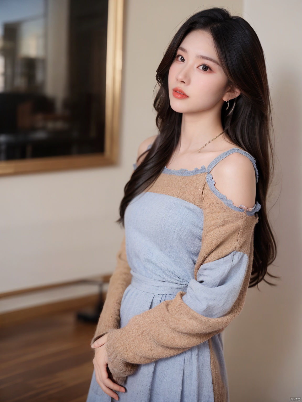  1, 1girl, solo, long hair, dress, brown hair, looking at viewer, brown eyes, realistic, lips, blue dress, striped,