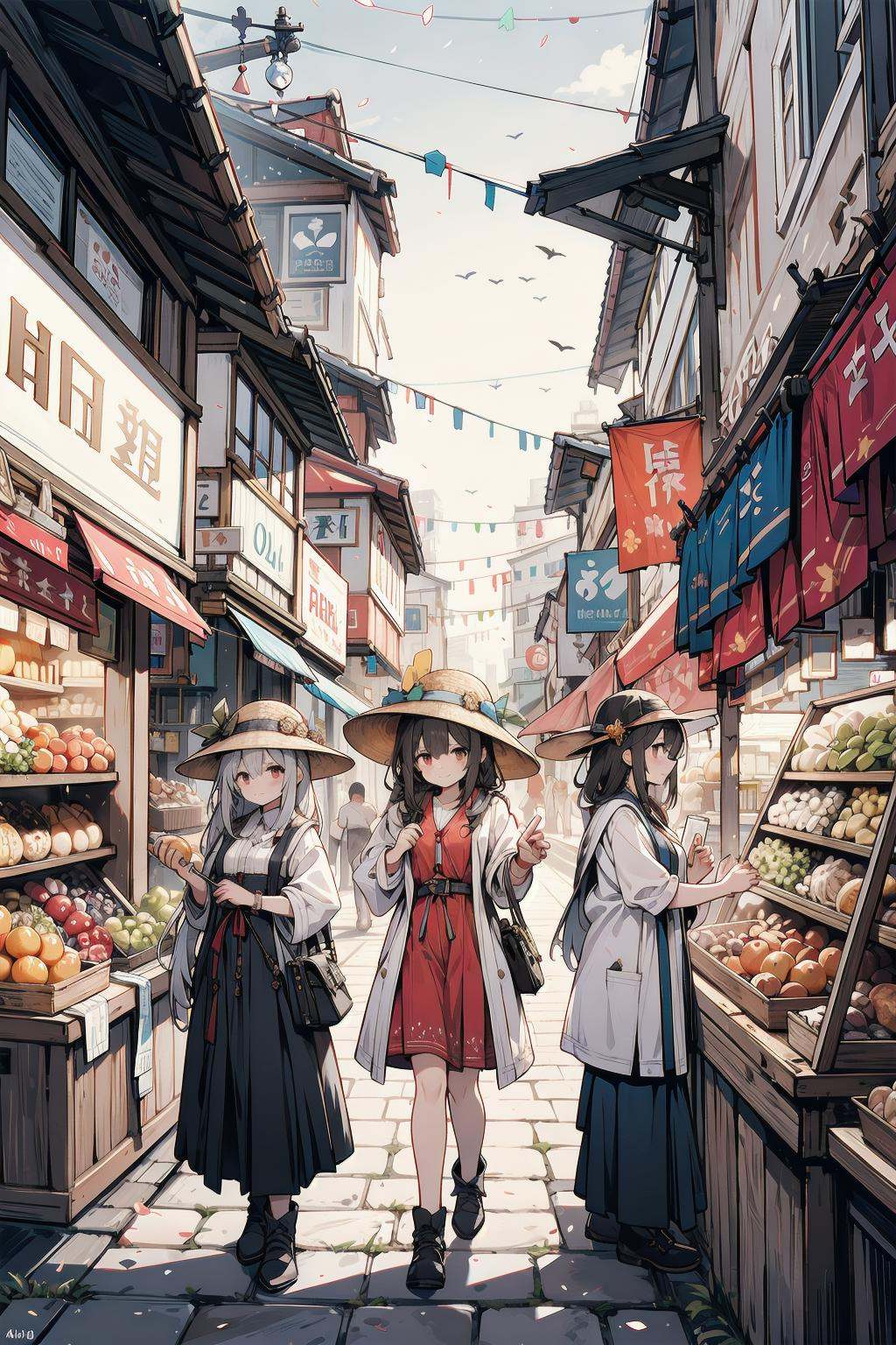 vibrant market,  with colorful stalls and bustling crowds. The sky is a bright shade of orange,  signaling the approach of...