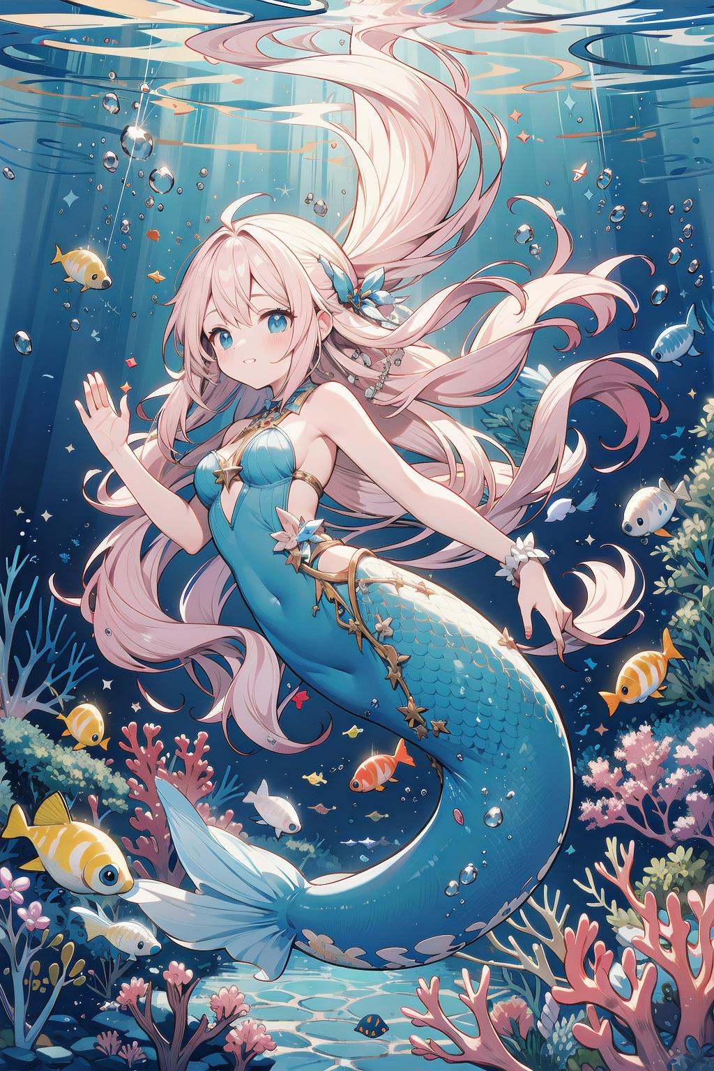 whimsical underwater world,  with schools of bright fish darting among coral reefs and sea anemones. The colors are vibran...