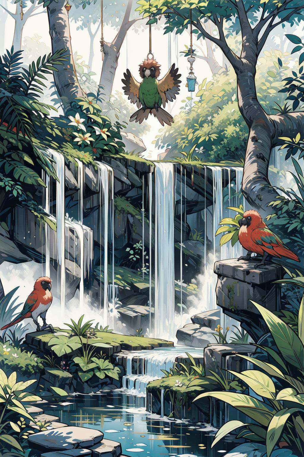 vibrant jungle,  with tall trees and colorful flowers. The air is thick with the scent of lush greenery. In the foreground...