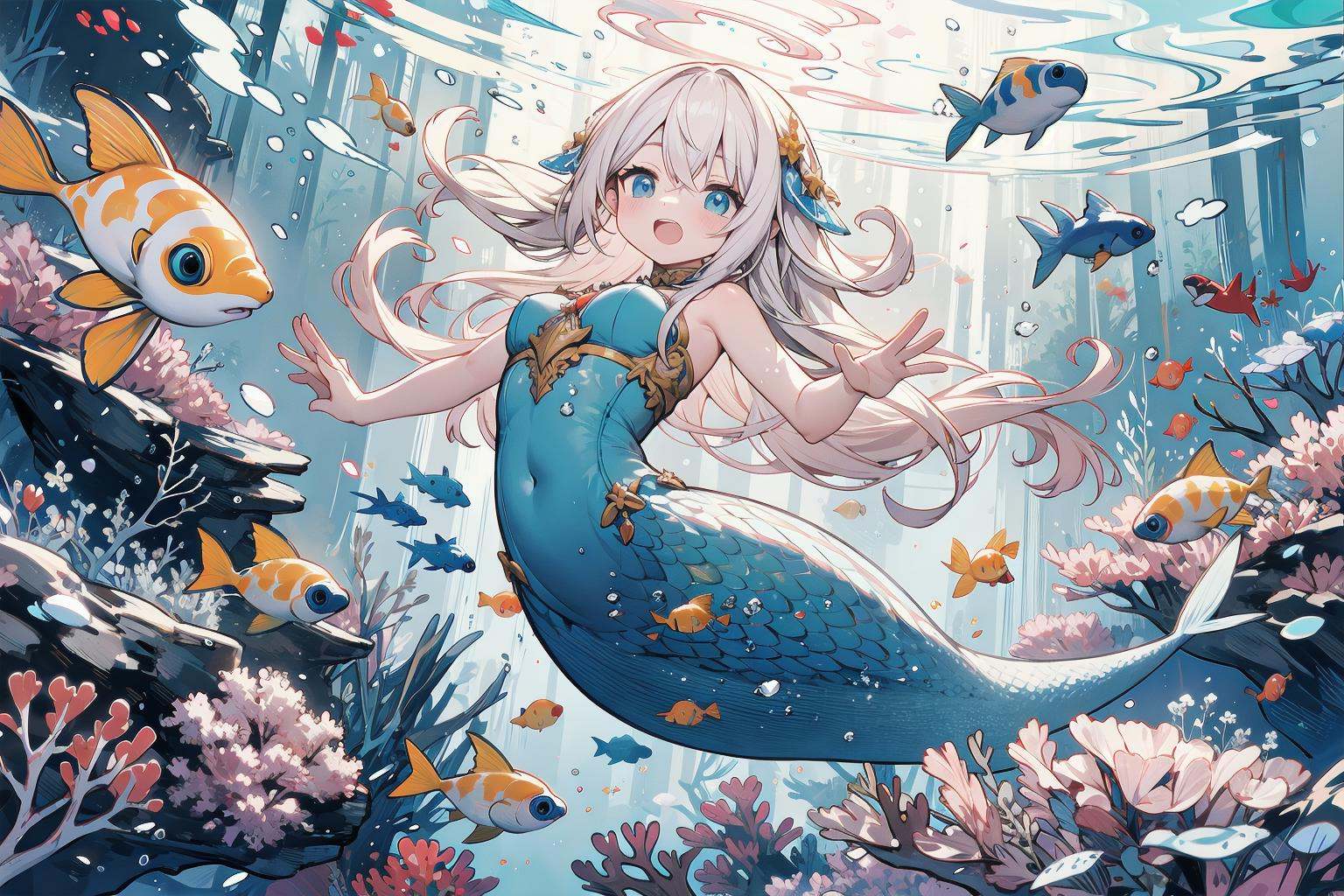 whimsical underwater world,  with schools of bright fish darting among coral reefs and sea anemones. The colors are vibran...