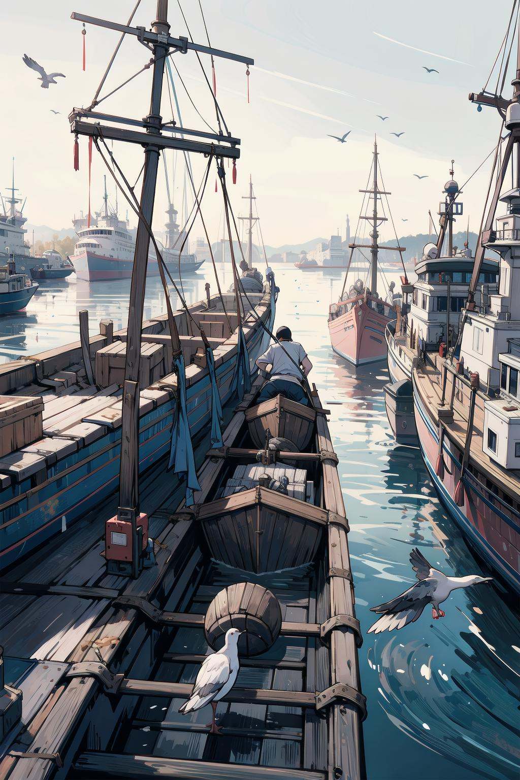 busy harbor,  with ships of all sizes docked along the quay. The water is a deep shade of blue-green,  and seagulls wheel...