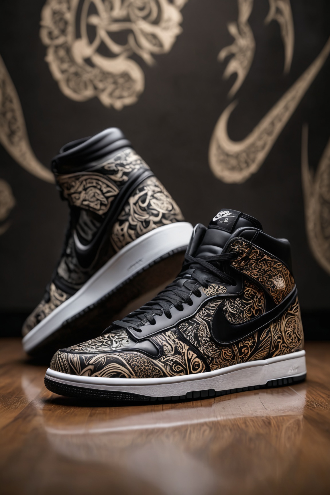 (best quality,8K,highres,masterpiece), ultra-detailed studio photography showcasing a cutting-edge sneakers design. The image features sleek black footwear with intricate tattoo-like patterns, set against a blurry background that adds depth of field and enhances the focus on the shoes. The blurred background creates a sense of mystery and intrigue, drawing attention to the details of the sneakers. This artwork captures the fusion of fashion and artistry, presenting a visually captivating composition that is both stylish and enigmatic.