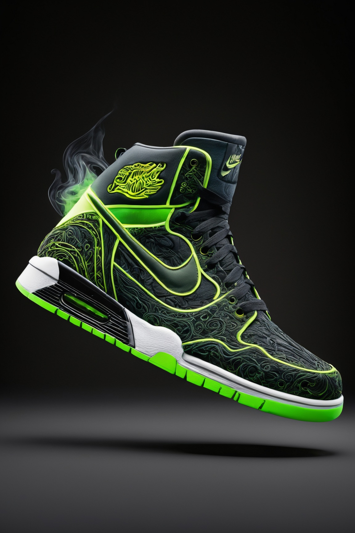 (best quality,8K,highres,masterpiece), ultra-detailed,showcasing the design process of sneakers with a focus on dynamic elements such as electricity waves and smoke. The image captures the essence of creativity and innovation in sneaker design, with the sneakers themselves being the central focus. Electricity waves emanate from the sneakers, symbolizing energy and movement, while smoke adds an air of mystery and dynamism to the scene. The intricate details of the design process are highlighted, from the stitching on the fabric to the texture of the ****, creating a visually captivating narrative of craftsmanship and style. This artwork is a testament to the fusion of fashion and technology, showcasing the evolution of sneaker design in a visually stunning and immersive way.