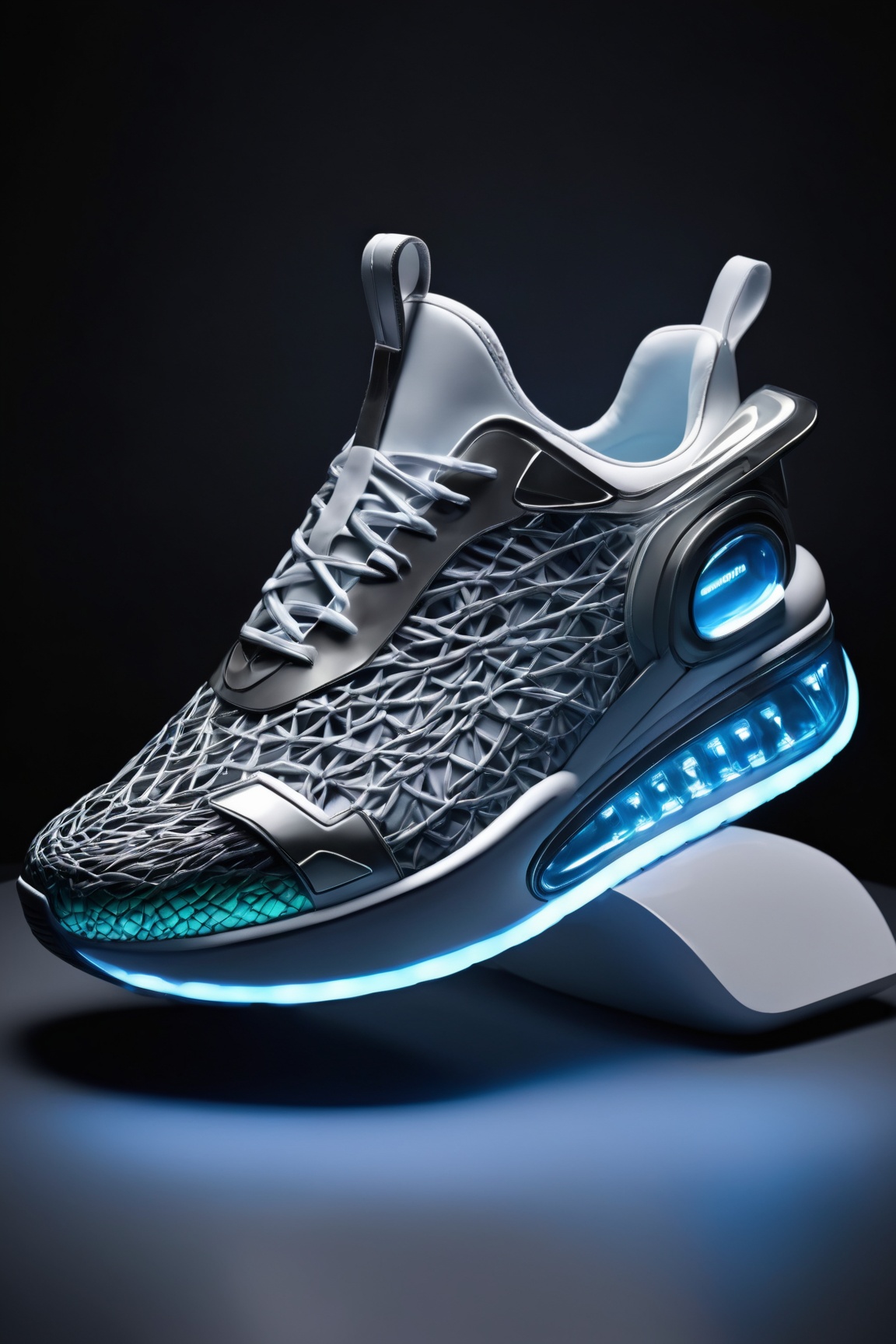 (best quality,8K,highres,masterpiece), ultra-detailed studio photography showcasing an innovative sneakers design with a science fiction twist. The image features sneakers with futuristic elements, set against a blurry background that adds depth of field and enhances the focus on the shoes. Intriguing lights illuminate the sneakers, casting dynamic shadows and highlighting their unique features. The science fiction theme is subtly woven into the design, with futuristic accents that give the sneakers a cutting-edge aesthetic. This artwork captures the intersection of fashion and technology, presenting a visually captivating composition that is both stylish and forward-thinking.,Sneakers Design