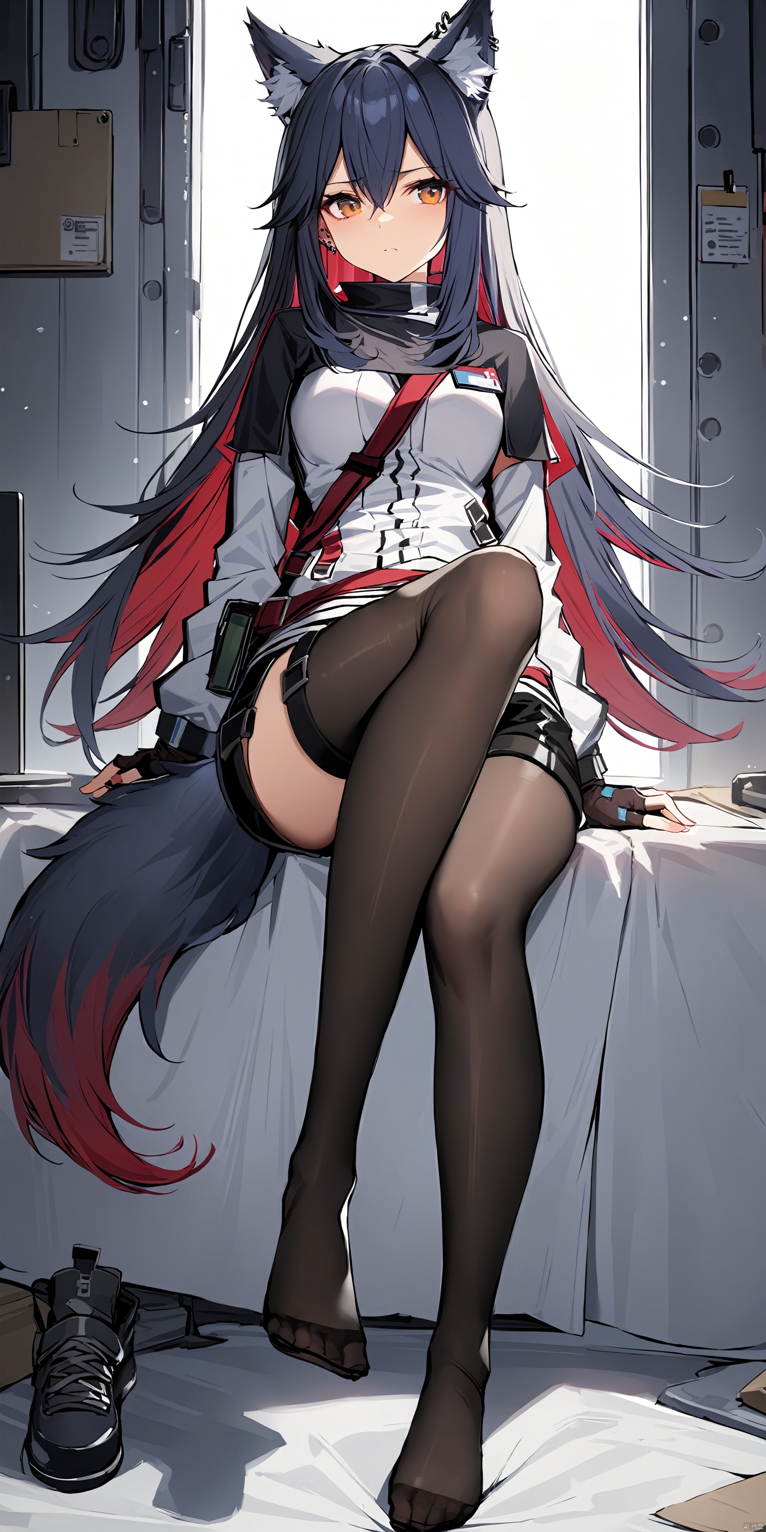  (masterpiece),(best quality),1girl, long_hair,(medium_breasts:1.2),solo, black hair,long sleeves,hair between eyes,brown eyes,medium breasts,tail,full body,red hair,multicolored hair,fingerless gloves,black footwear,two-tone hair,animal ear fluff,black pantyhose,thigh strap,capelet,black shorts,wolf ears,white jacket,wolf tail,ear piercing,colored inner hair,legwear under shorts,no_shoes,feet, texas \(arknights\)