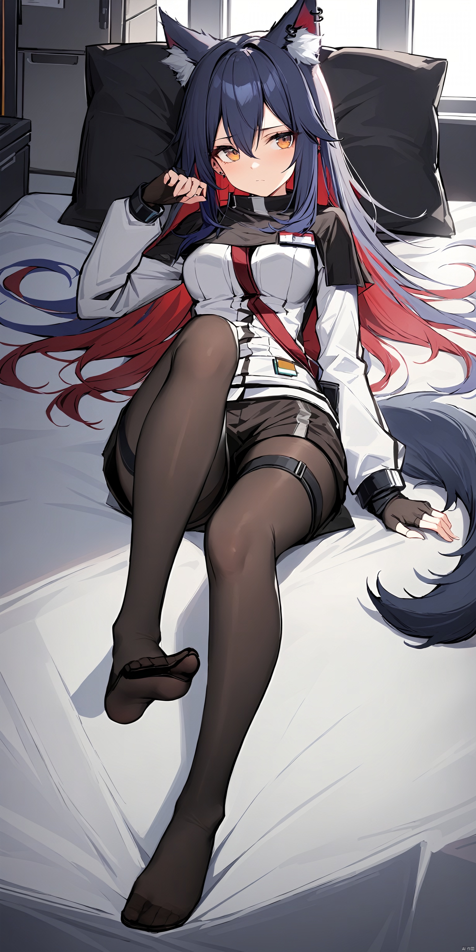  (masterpiece),(best quality),1girl, long_hair,(medium_breasts:1.2),solo, black hair,long sleeves,hair between eyes,brown eyes,medium breasts,tail,full body,red hair,multicolored hair,fingerless gloves,black footwear,two-tone hair,animal ear fluff,black pantyhose,thigh strap,capelet,black shorts,wolf ears,white jacket,wolf tail,ear piercing,colored inner hair,legwear under shorts,no_shoes,feet, texas (arknights),lying,feet up,