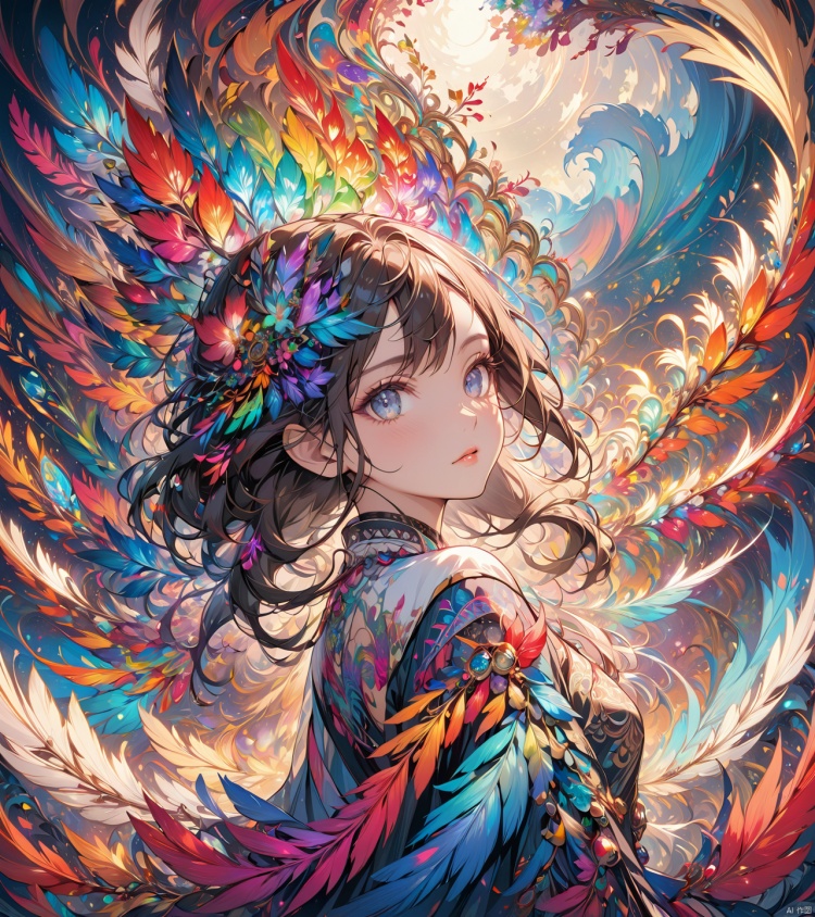  masterpiece,top quality,best quality,official art,beautiful and aesthetic,(1girl:1.2),extremely detailed,(fractal art:1.1),colorful,flowers,highest detailed,zentangle,abstract background,shiny skin,many colors,feathers,
