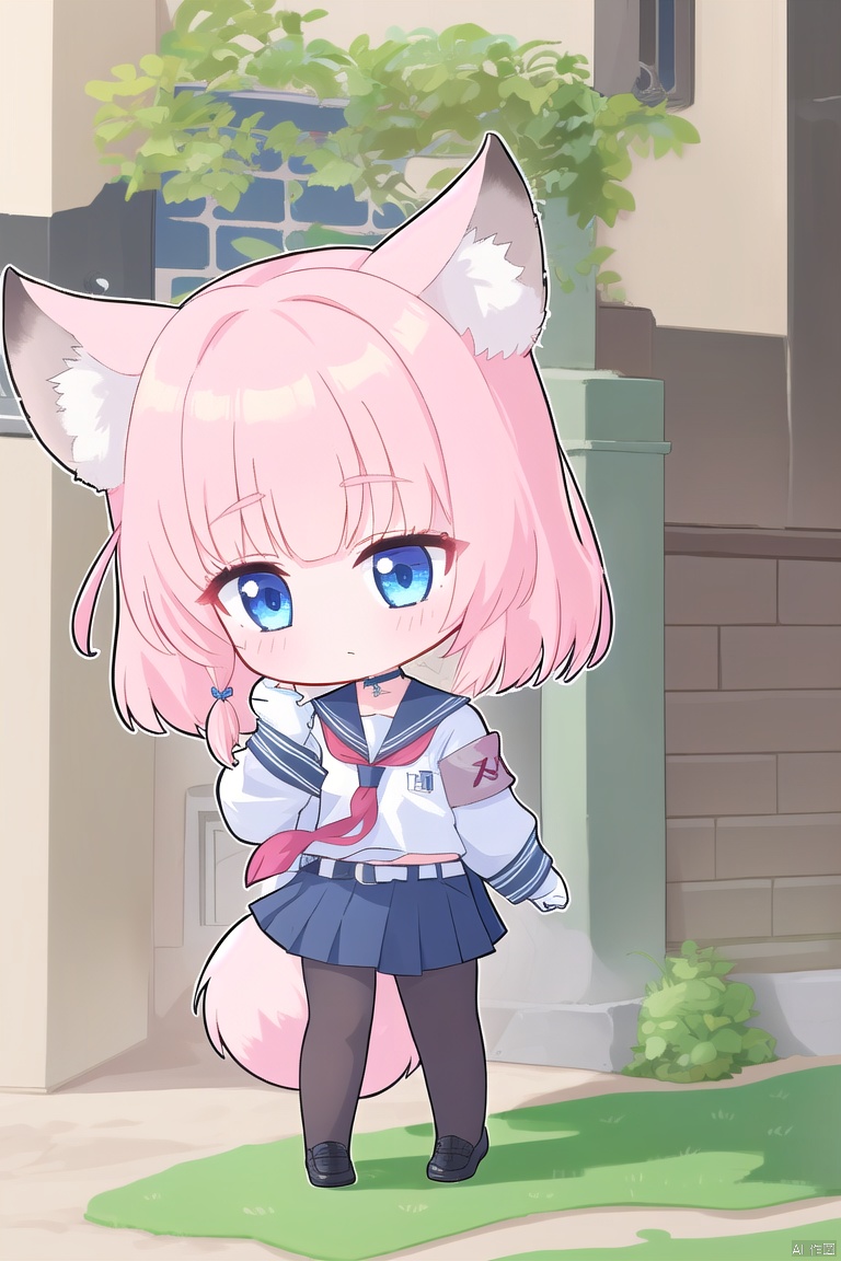  1girl,(masterpiece:1.3),( beautiful:1.2),(high quality:1.2),(finely detailed:1.2),extremely detailed CG unity 8k wallpaper,best quality,a very delicate and beautiful,perfect fingers,(one cute girl at the center:1.2),BASD, nicoBA,
nicoBA,animal ears,armband,bangs,belt,belt buckle,black choker,black legwear,black skirt,blue eyes,buckle,choker,collarbone,fox ears,leg belt,long sleeves,pantyhose,pink hair,pleated skirt,sailor collar,school uniform,serafuku,shirt,short hair,skirt,thigh strap,(full_body),chibi,cute,