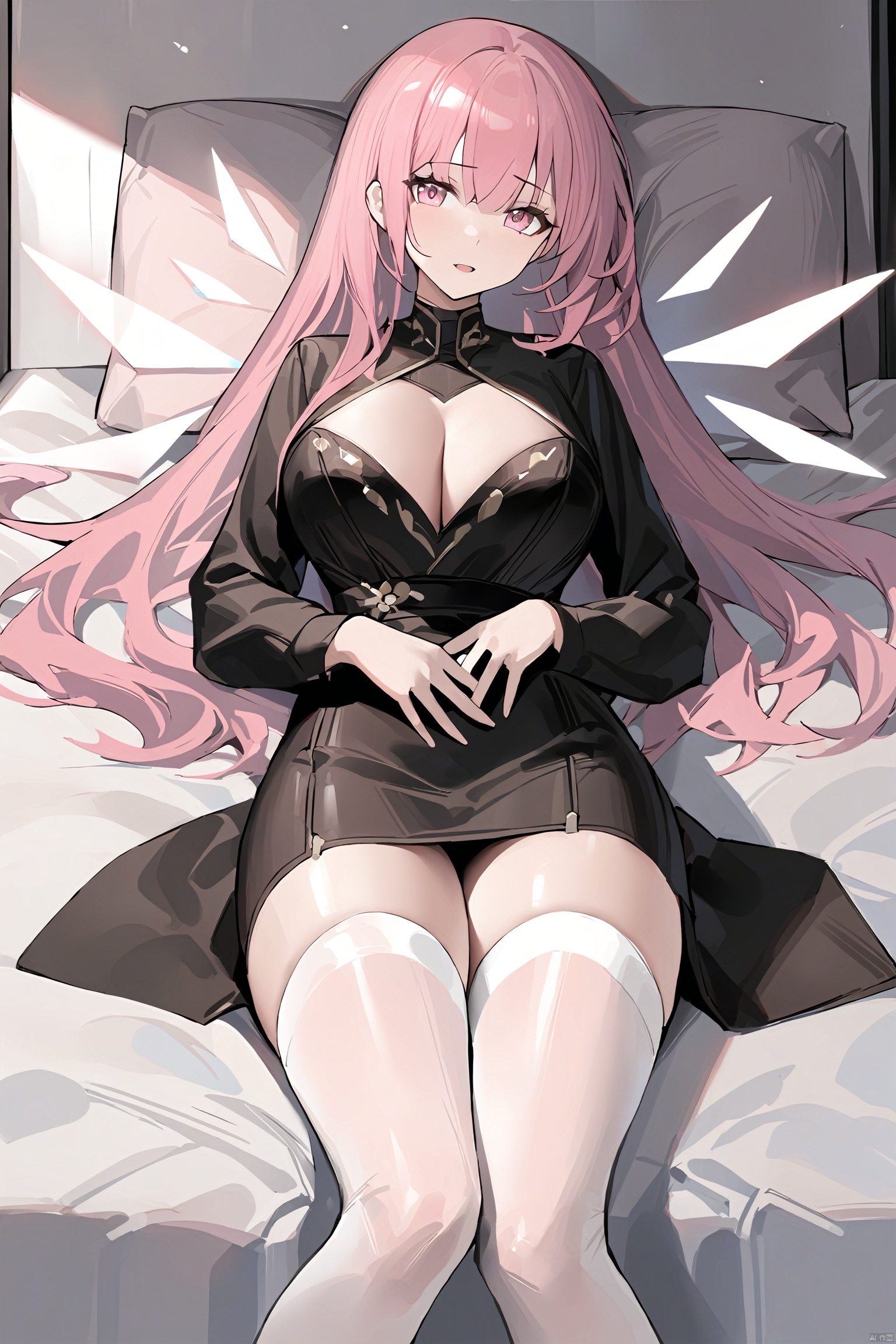  (masterpiece),(best quality),1girl, long_hair,(large_breasts:1.2),solo, pink_hair,pink_eyes,energy_wings,holo,white_thighhighs,black_dress, leimiuan,facing_viewer,lying,bed,no_shoes,feet,(full_body:1.2),