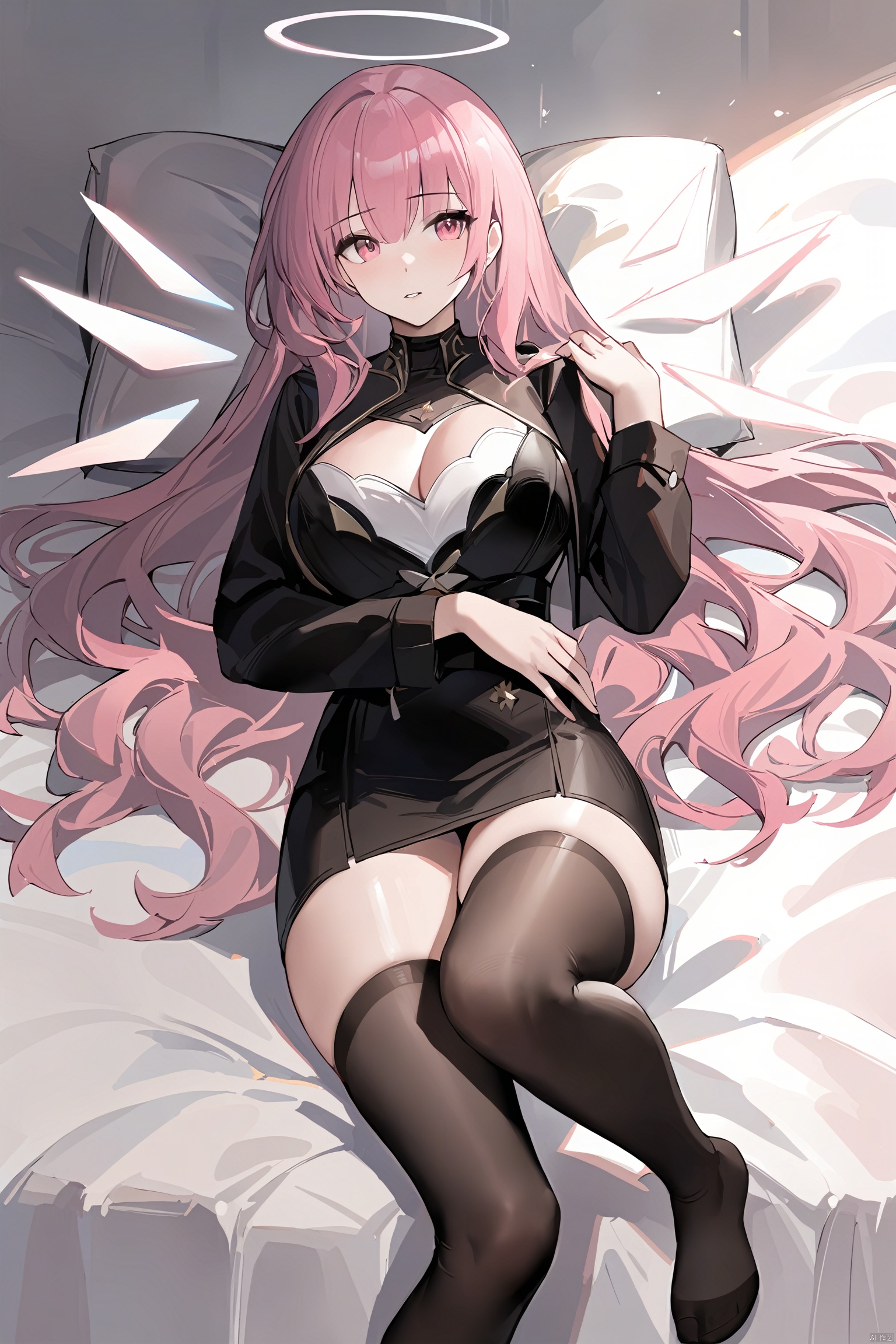  (masterpiece),(best quality),1girl, long_hair,(large_breasts:1.2),solo, pink_hair,pink_eyes,energy_wings,holo,black_thighhighs,dress, leimiuan,facing_viewer,lying,bed,no_shoes,feet,(full_body:1.2),