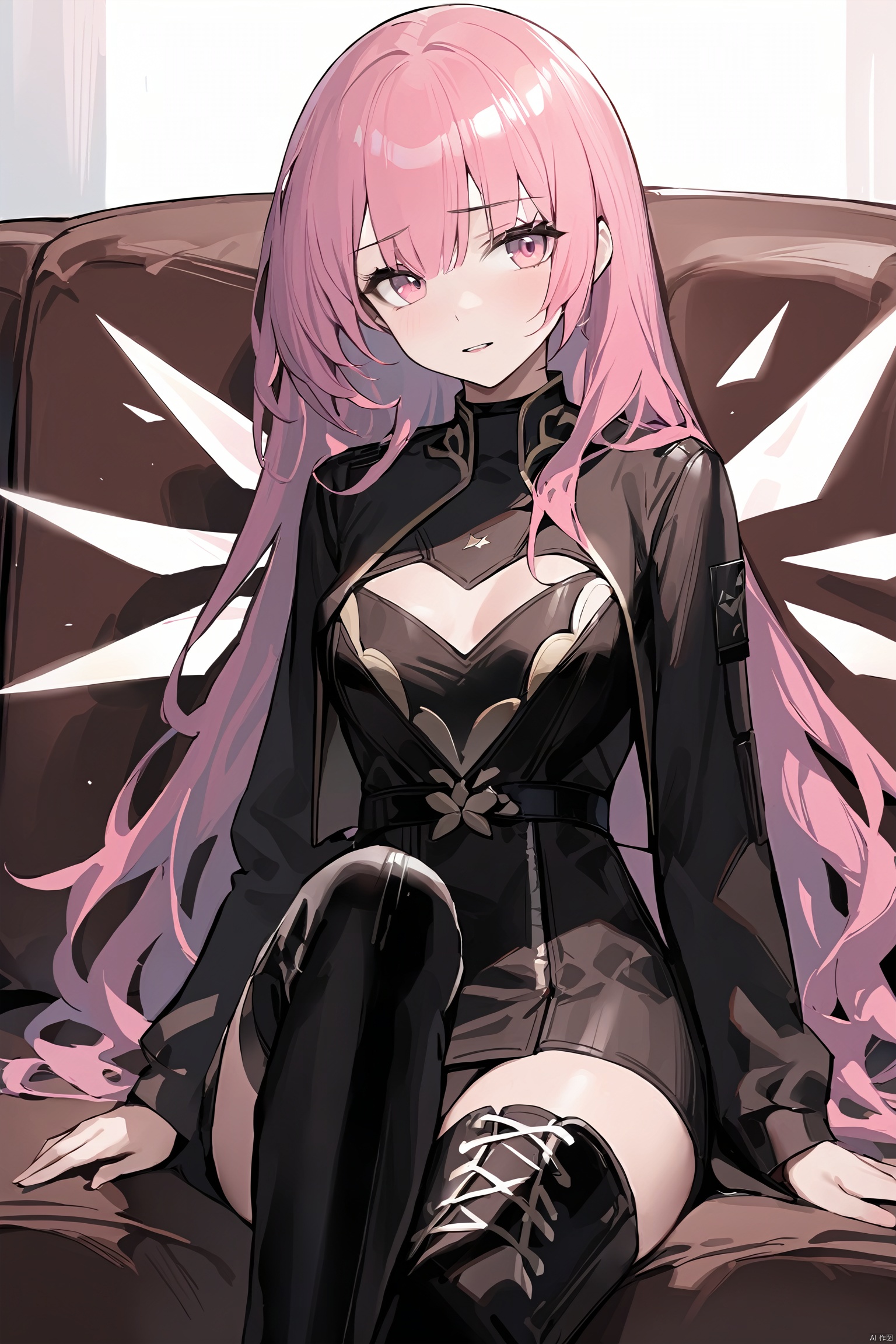  (masterpiece),(best quality),1girl, long_hair,(medium_breasts:1.2),solo, pink_hair,pink_eyes,energy_wings,holo,black_thighhighs,thigh_boots,dress, leimiuan,sitting,sofa,facing_viewer,