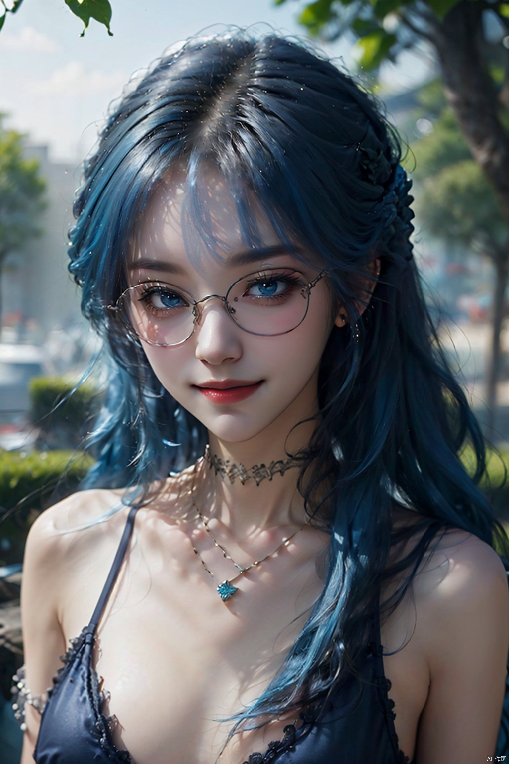  Girl, solo, long hair, chest, looking at the audience, smile, bangs, bare shoulders, jewelry, closed mouth, (blue hair:1.5), collarbone, upper body, braid, outdoor, glasses, necklace, daytime, necklace, eyelashes, blurred background, black necklace, pendant, realistic,babatabule, 1girl