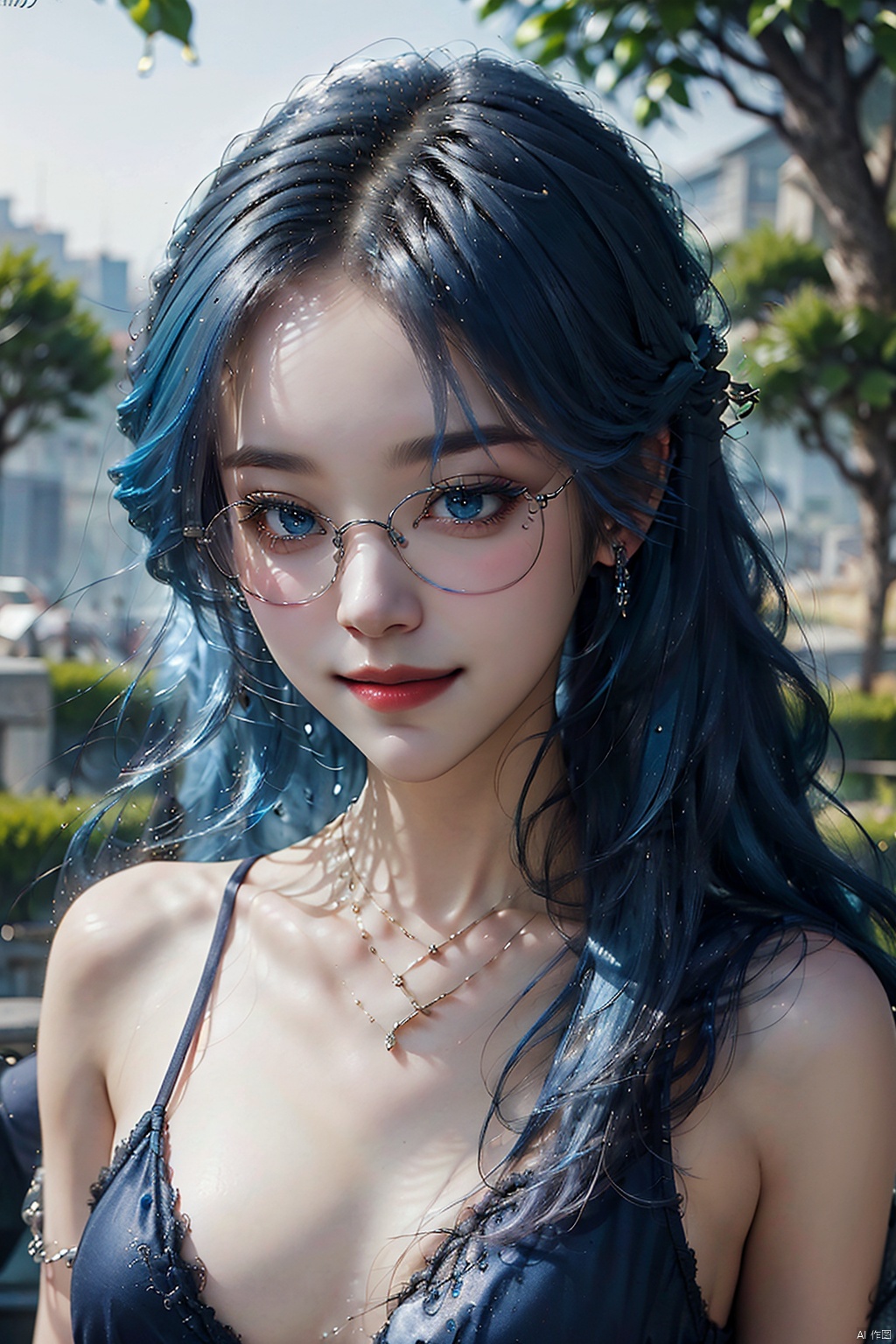  Girl, solo, long hair, chest, looking at the audience, smile, bangs, bare shoulders, jewelry, closed mouth, (blue hair:1.5), collarbone, upper body, braid, outdoor, glasses, necklace, daytime, necklace, eyelashes, blurred background, black necklace, pendant, realistic,babatabule, 1girl